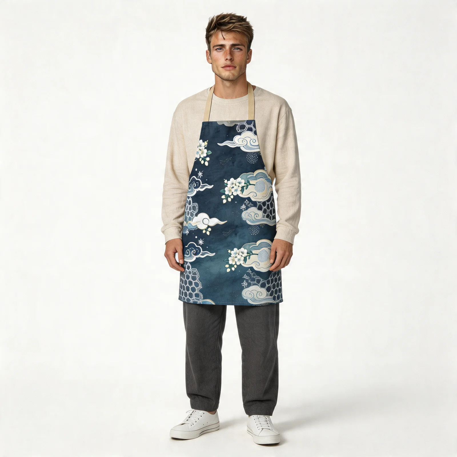 Indigo Yuzen Clouds & Petals All-Over Print Apron — worn by model