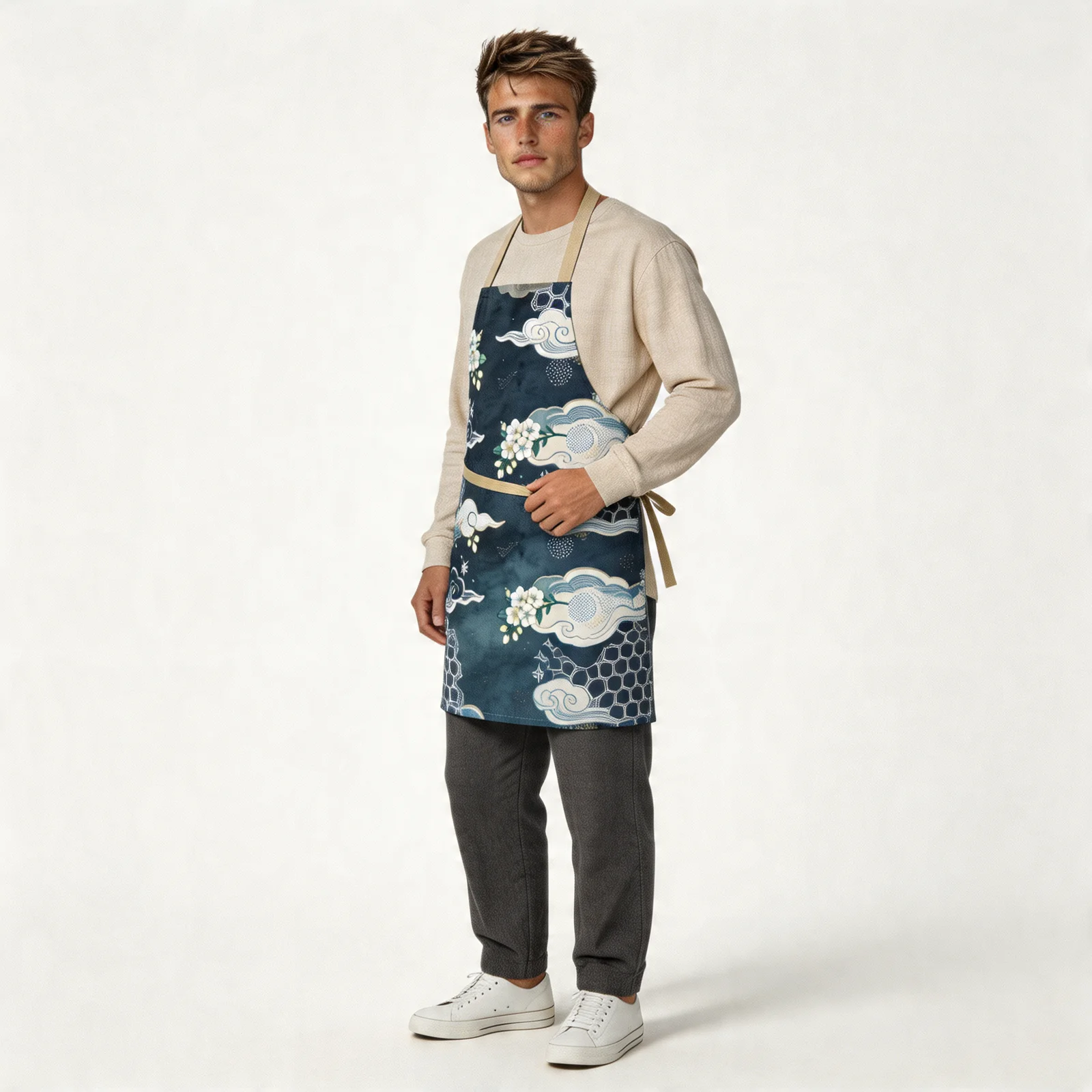 Indigo Yuzen Clouds & Petals All-Over Print Apron — worn by model