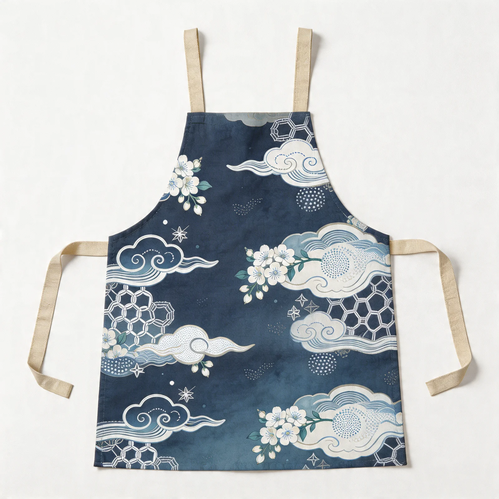 Indigo Yuzen Clouds & Petals All-Over Print Apron — flat lay