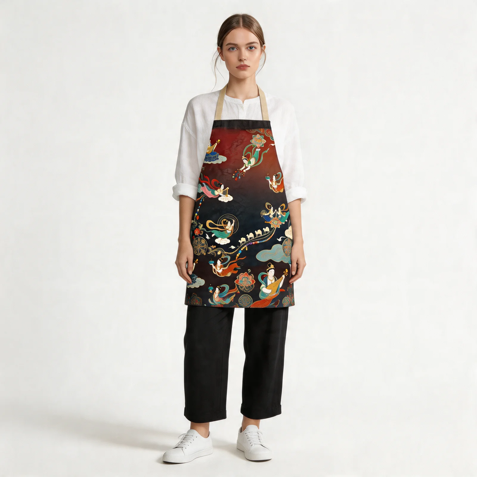 Dunhuang Apsaras Silk Road All-Over Print Apron — worn by model
