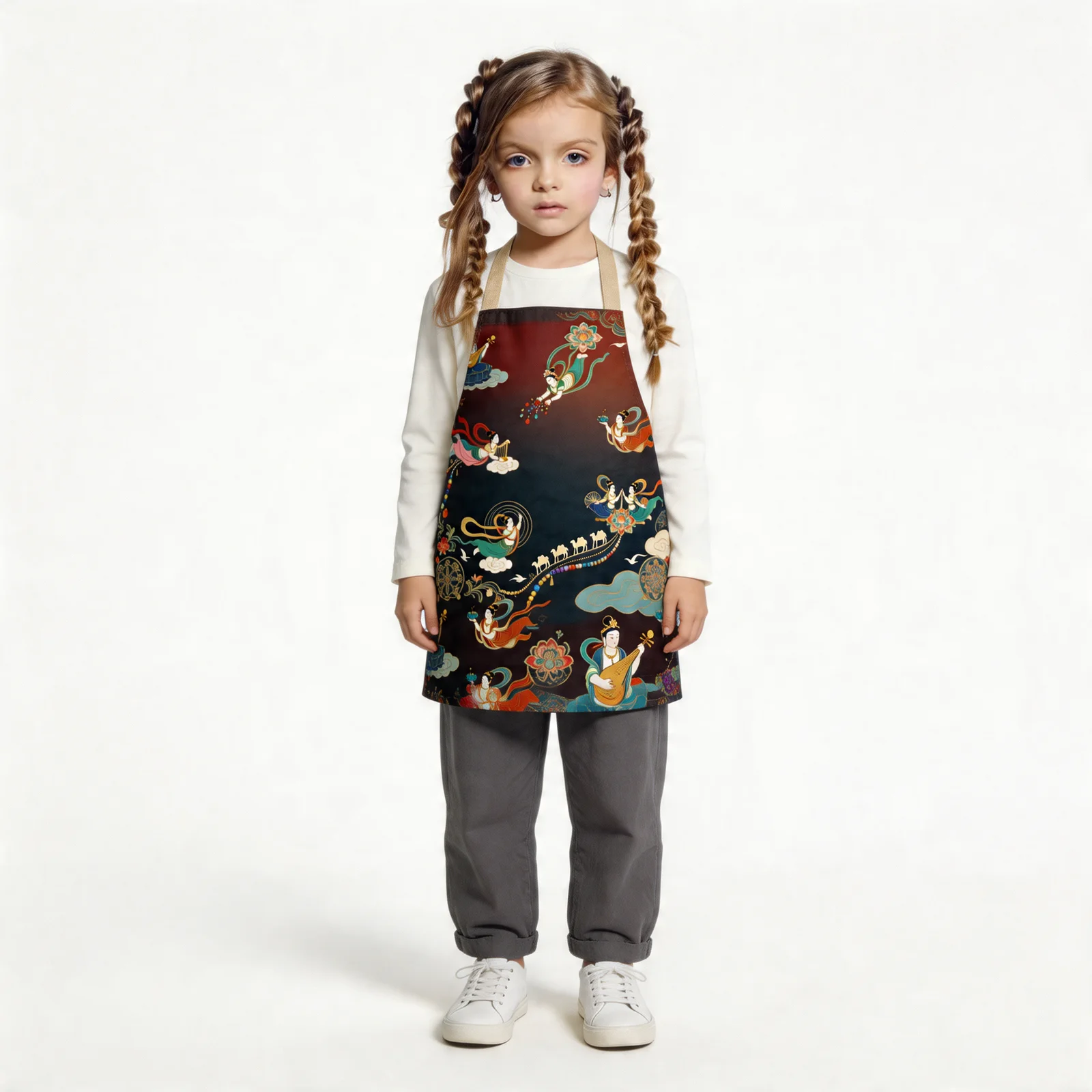 Dunhuang Apsaras Silk Road All-Over Print Apron — worn by young model