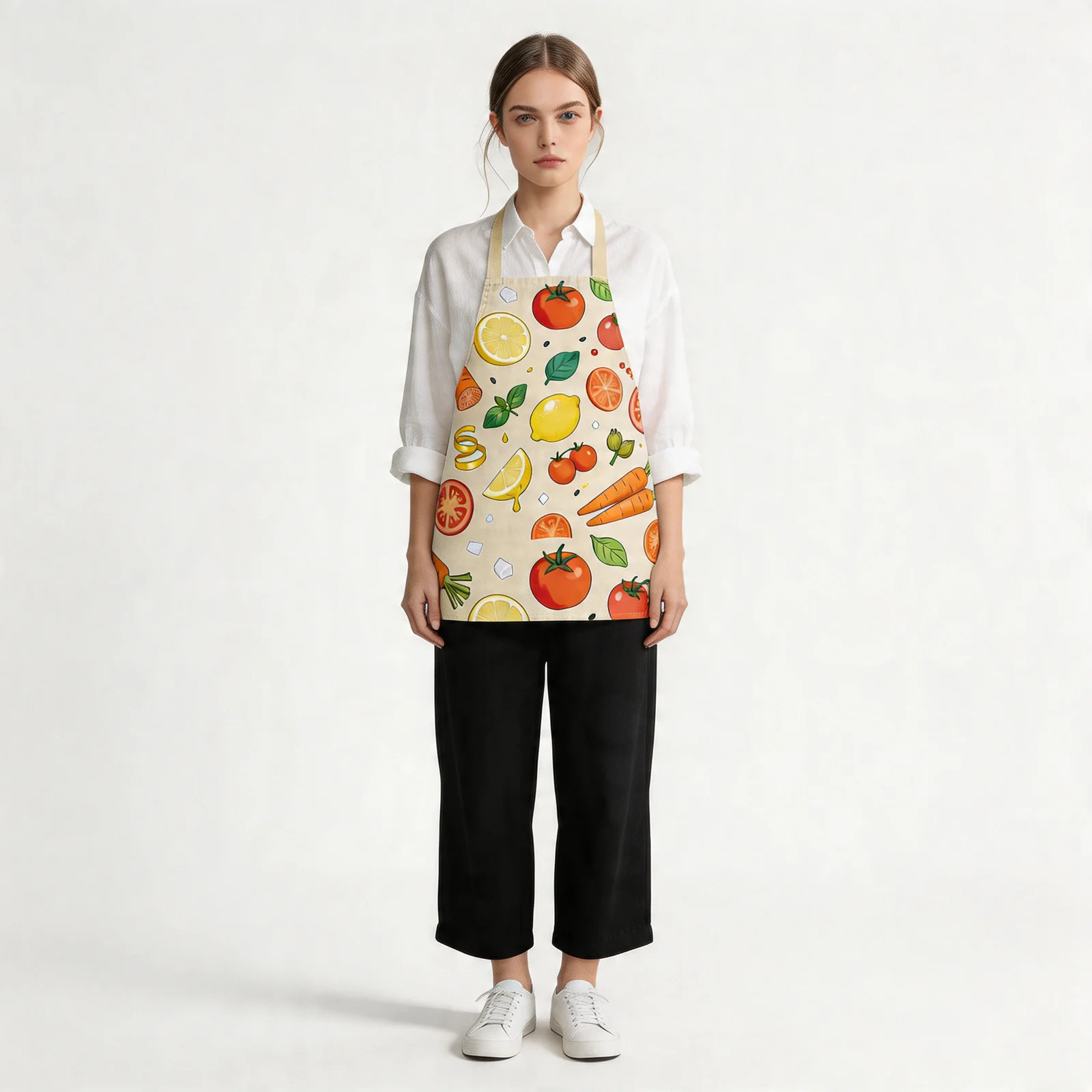 Market Morning Fresh Produce All-Over Print Apron — worn by model