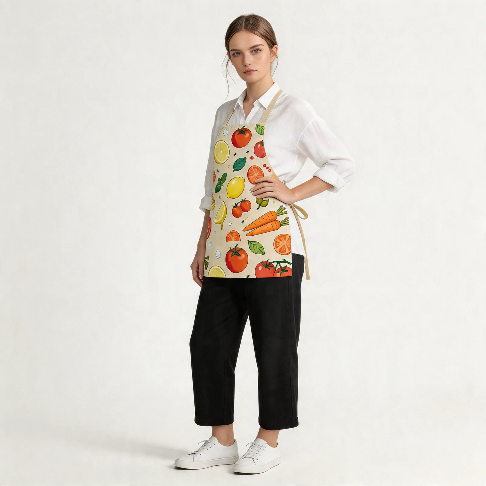 Market Morning Fresh Produce All-Over Print Apron — worn by model