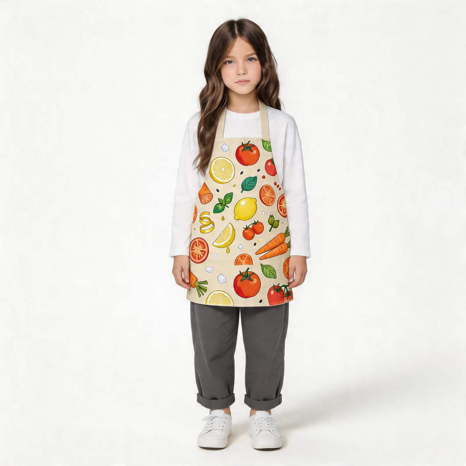 Market Morning Fresh Produce All-Over Print Apron — worn by young model