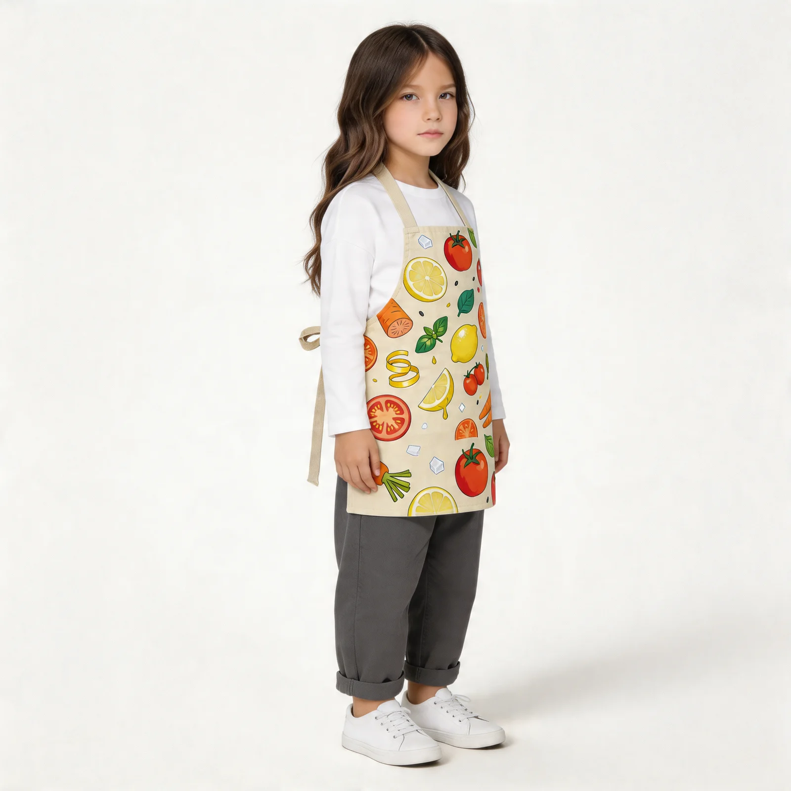 Market Morning Fresh Produce All-Over Print Apron — worn by young model