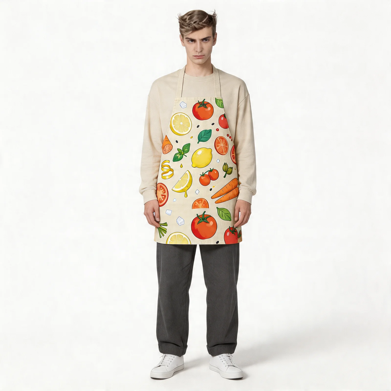 Market Morning Fresh Produce All-Over Print Apron — worn by model