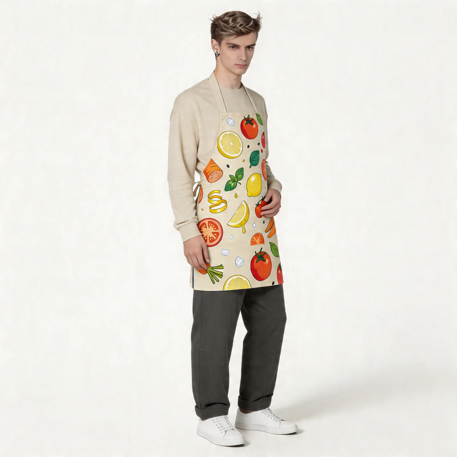 Market Morning Fresh Produce All-Over Print Apron — worn by model