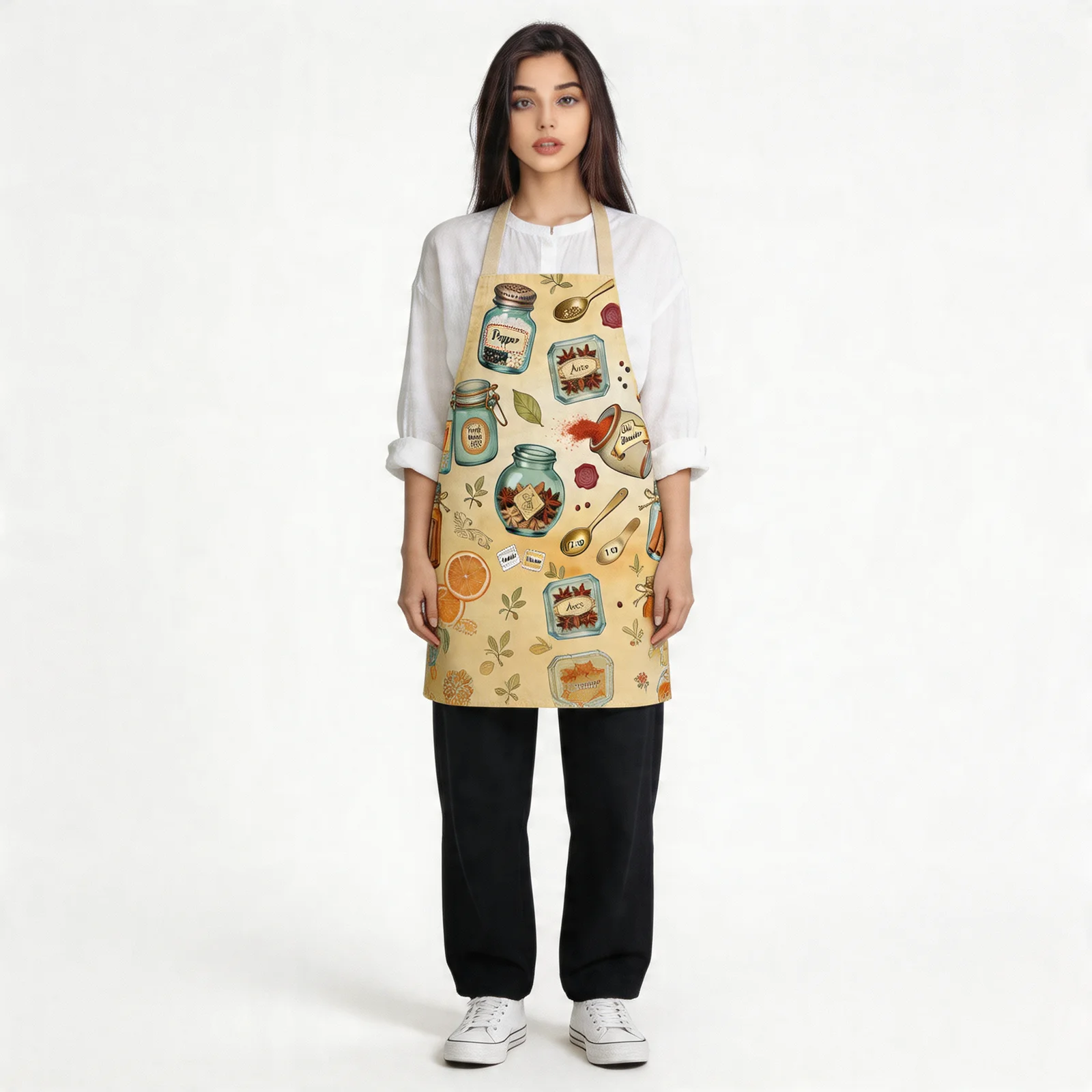 Vintage Spice Jar Labels All-Over Print Apron — worn by model