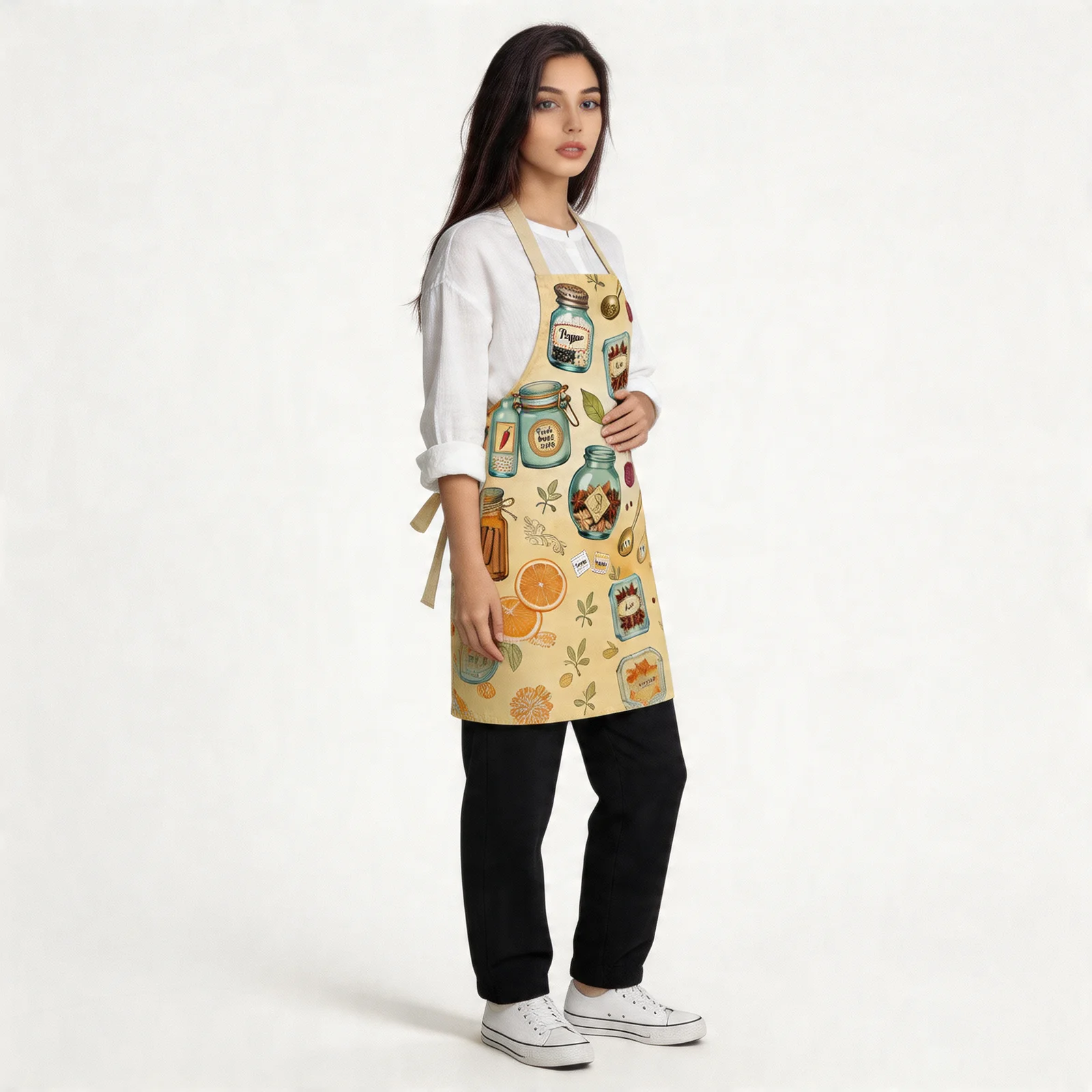 Vintage Spice Jar Labels All-Over Print Apron — worn by model
