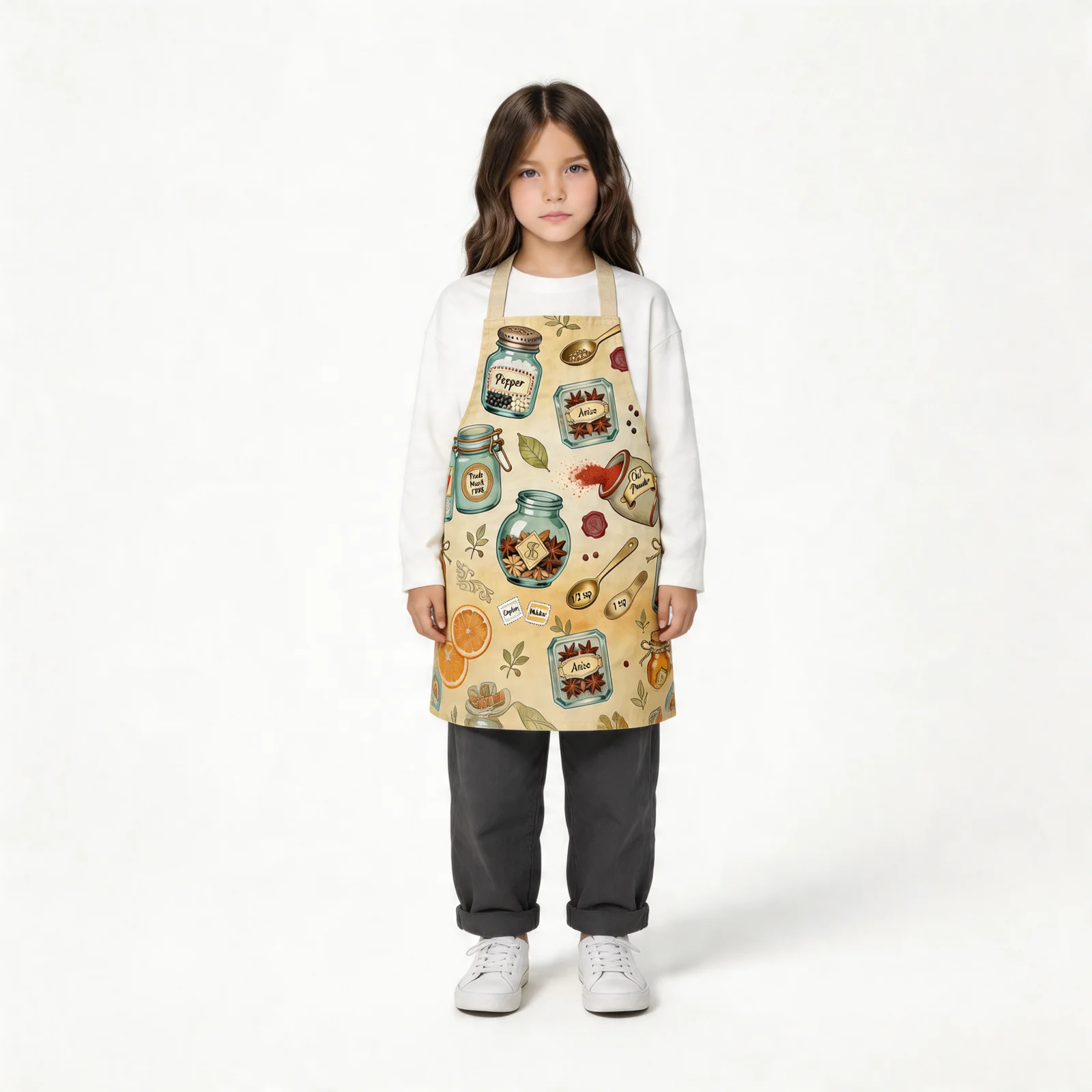 Vintage Spice Jar Labels All-Over Print Apron — worn by young model