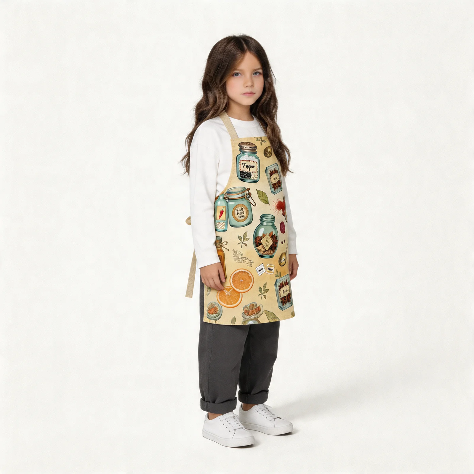 Vintage Spice Jar Labels All-Over Print Apron — worn by young model