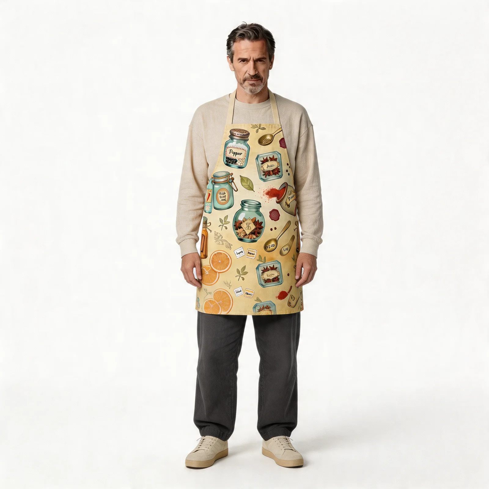 Vintage Spice Jar Labels All-Over Print Apron — worn by model