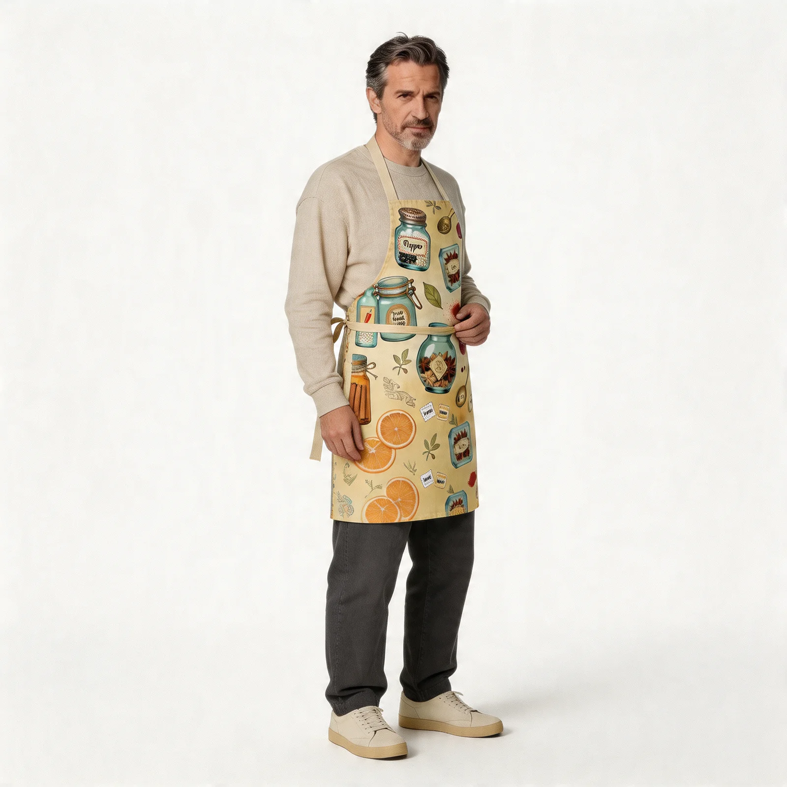Vintage Spice Jar Labels All-Over Print Apron — worn by model