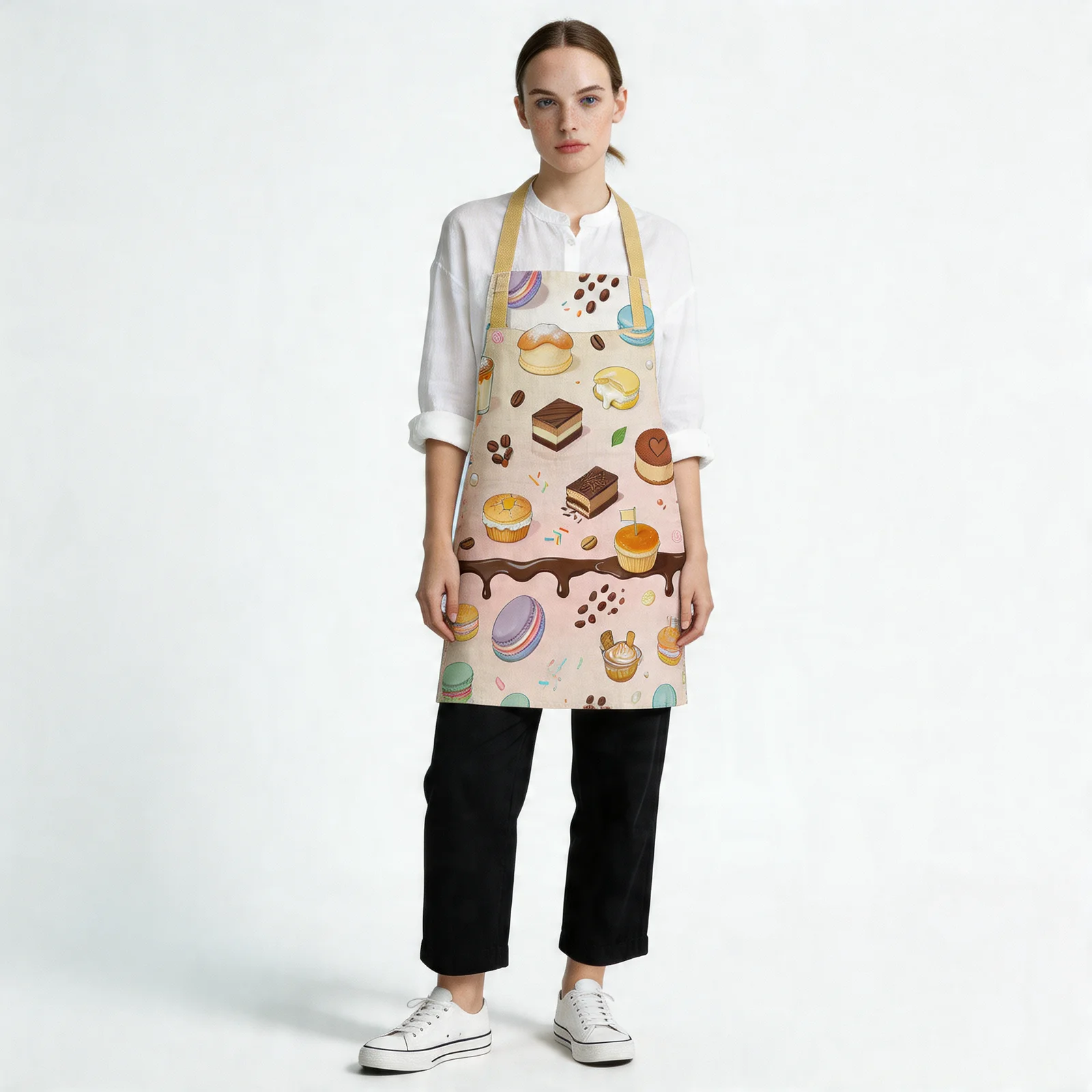 Dessert Stacks & Latte Drips All-Over Print Apron — worn by model