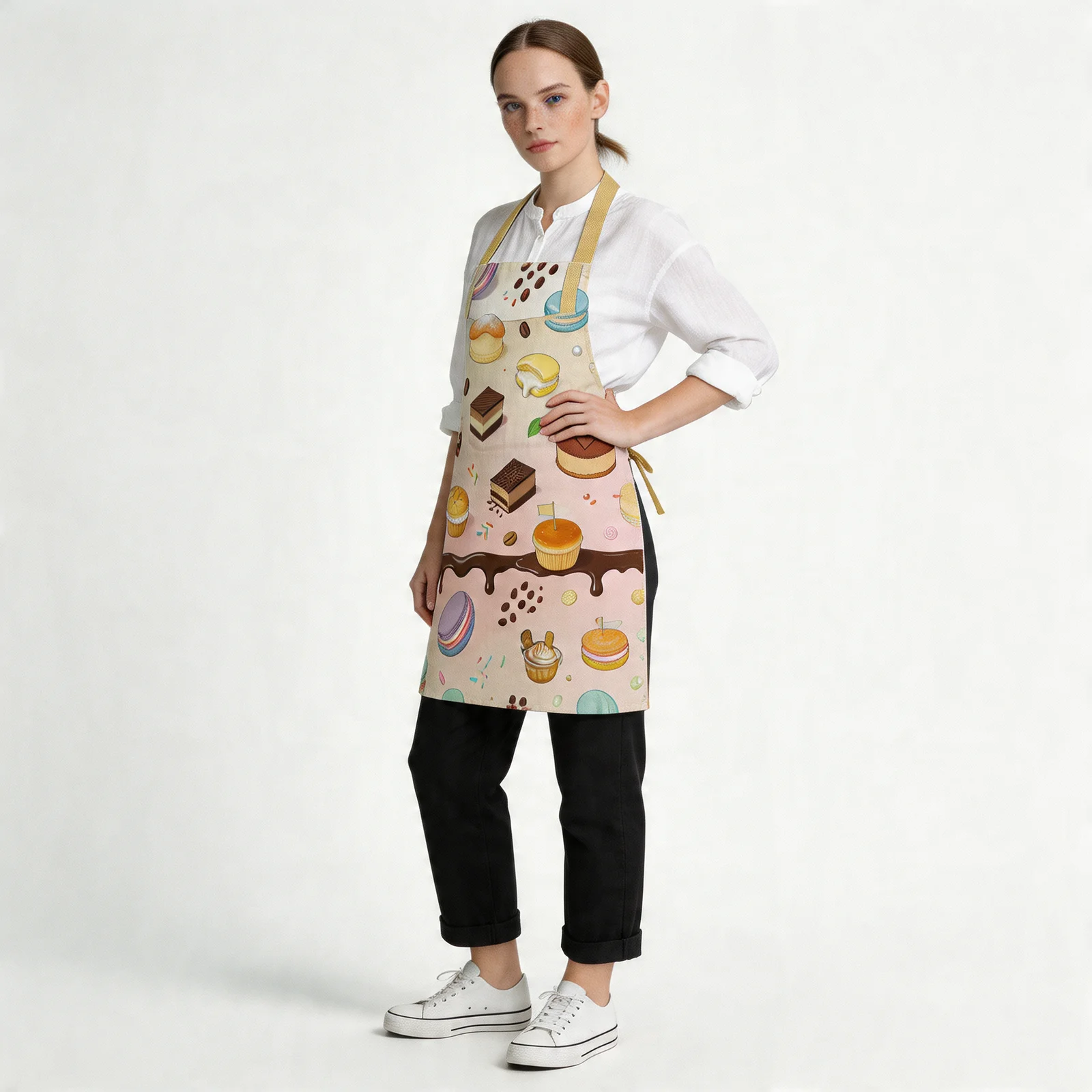 Dessert Stacks & Latte Drips All-Over Print Apron — worn by model