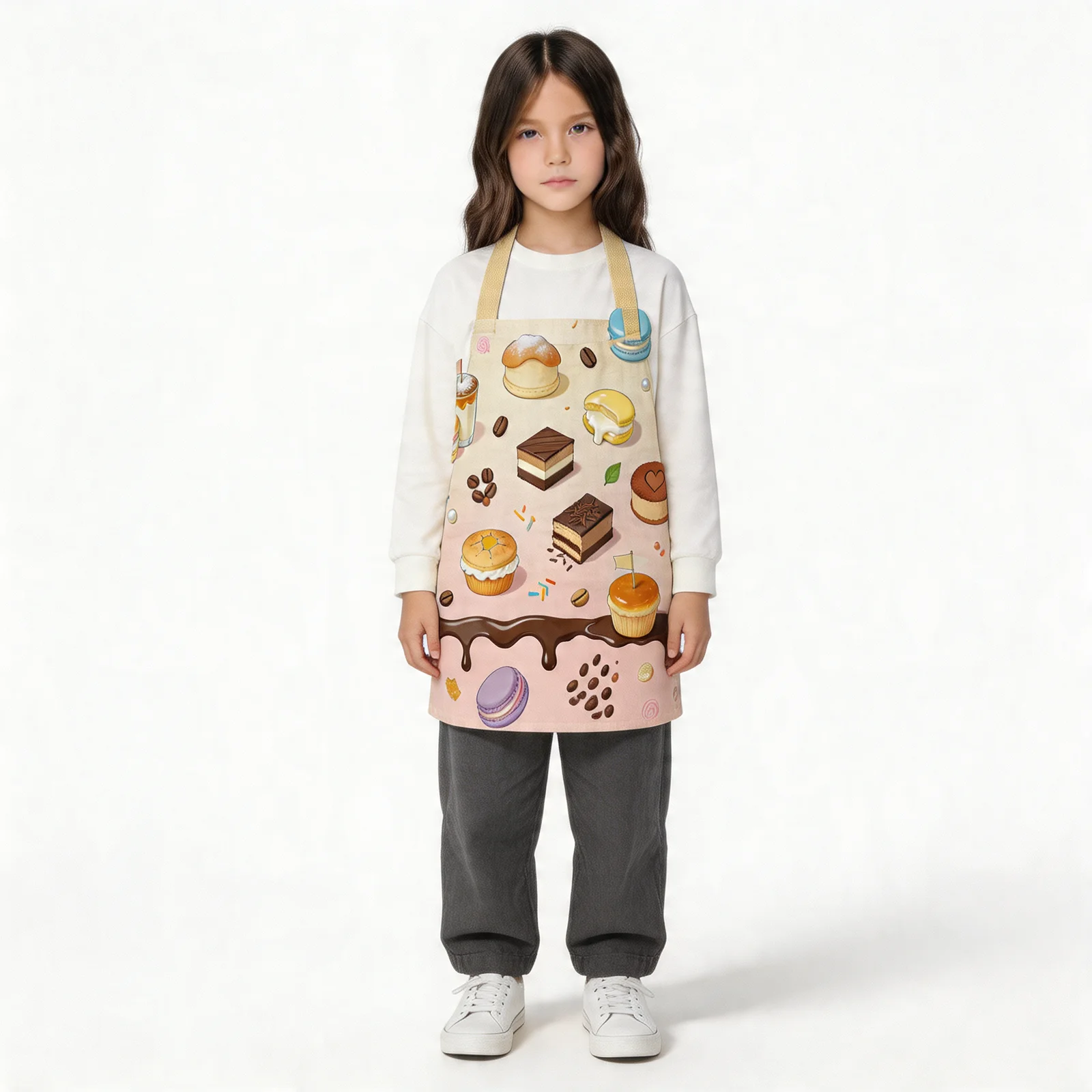 Dessert Stacks & Latte Drips All-Over Print Apron — worn by young model