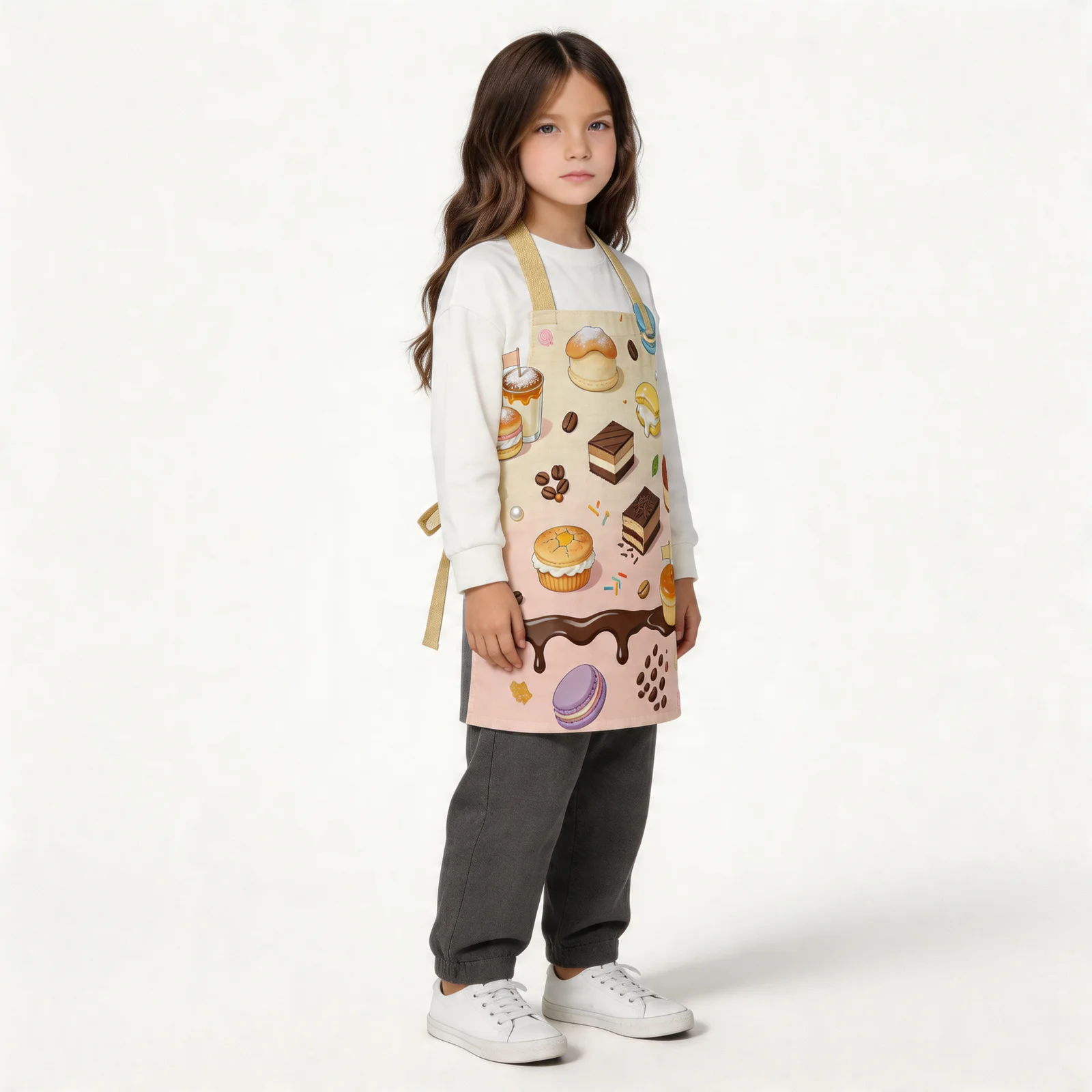 Dessert Stacks & Latte Drips All-Over Print Apron — worn by young model