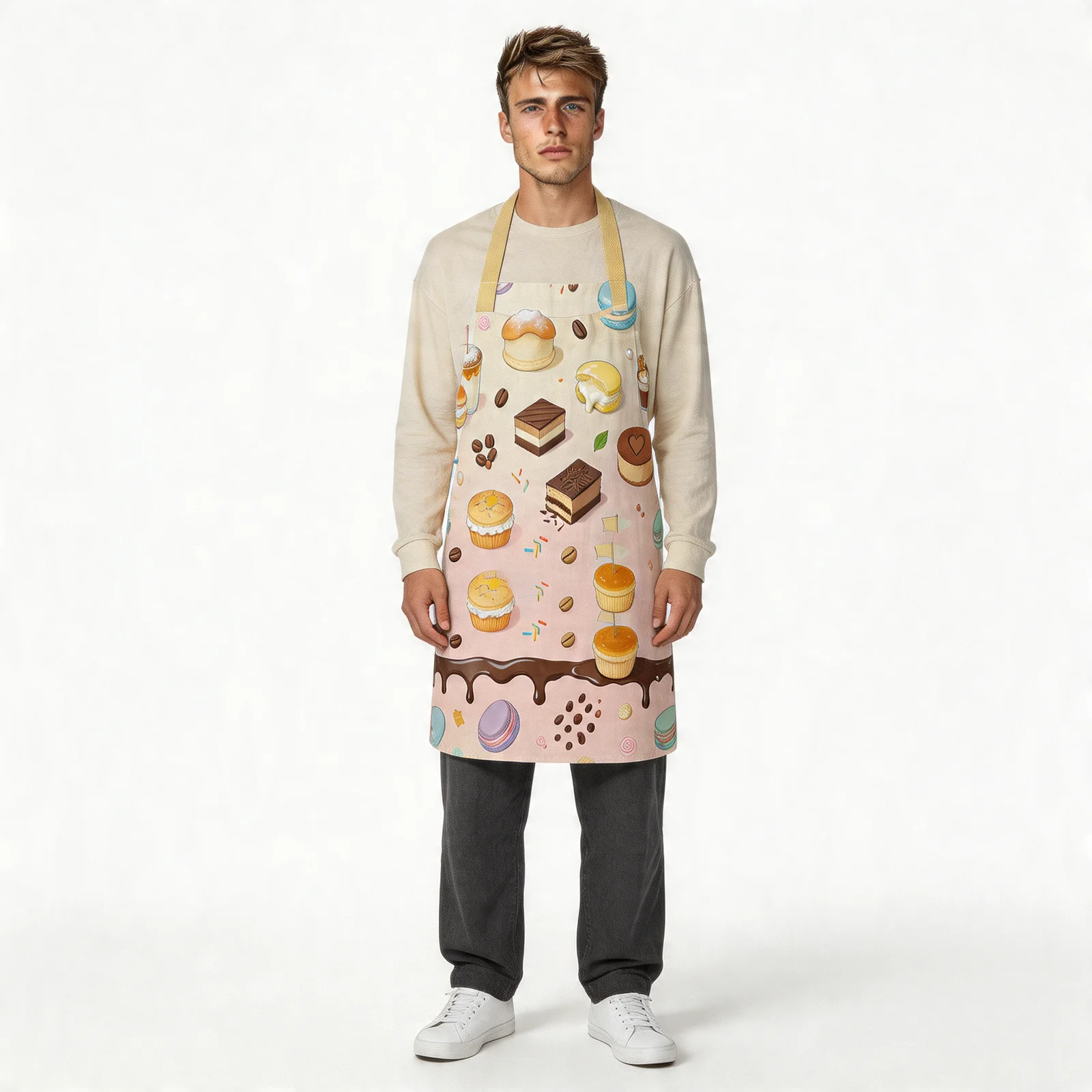 Dessert Stacks & Latte Drips All-Over Print Apron — worn by model