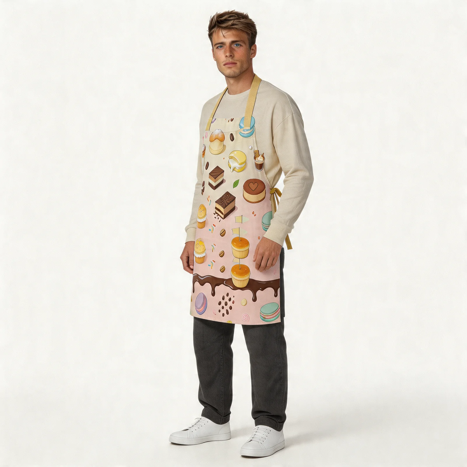 Dessert Stacks & Latte Drips All-Over Print Apron — worn by model