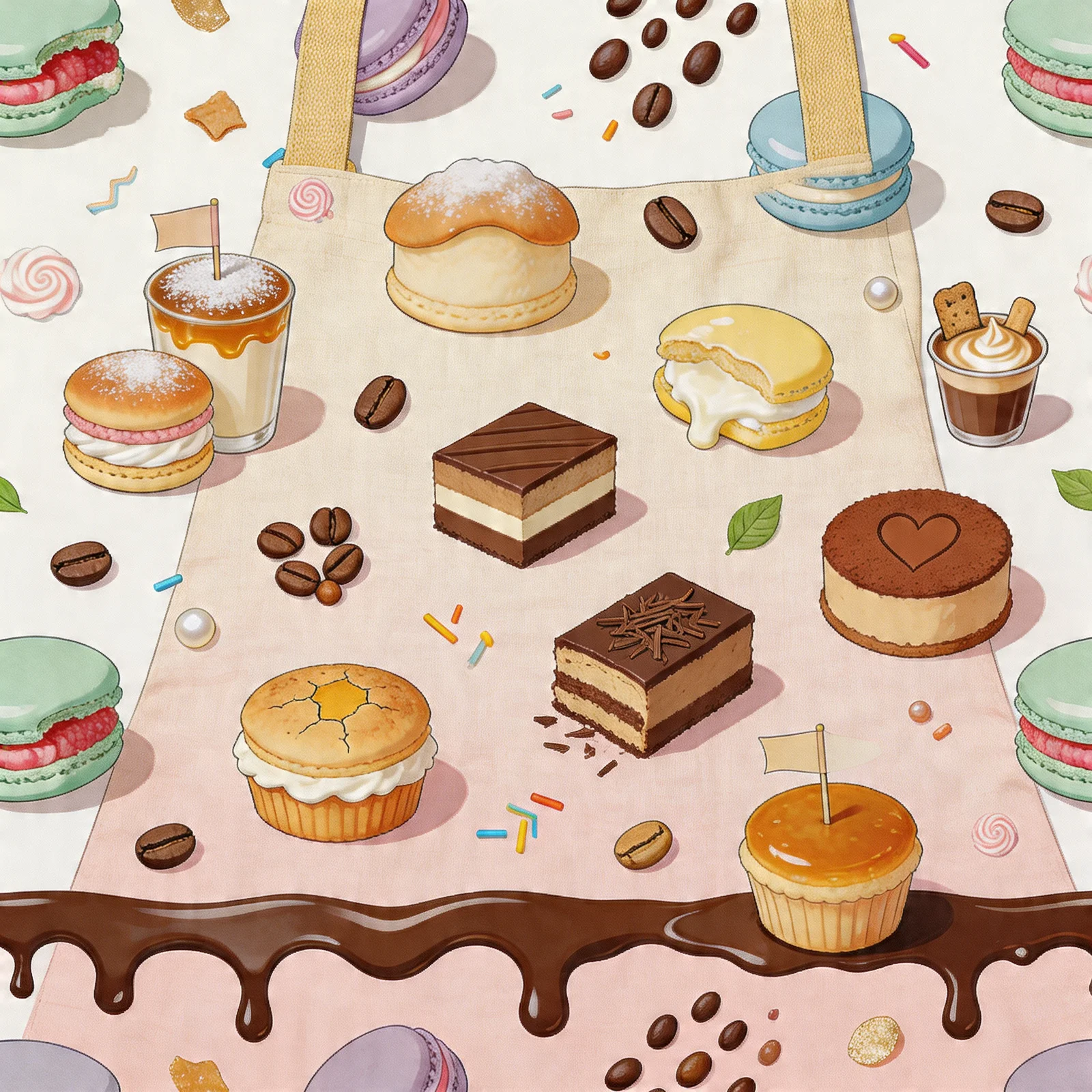 Dessert Stacks & Latte Drips All-Over Print Apron — flat lay