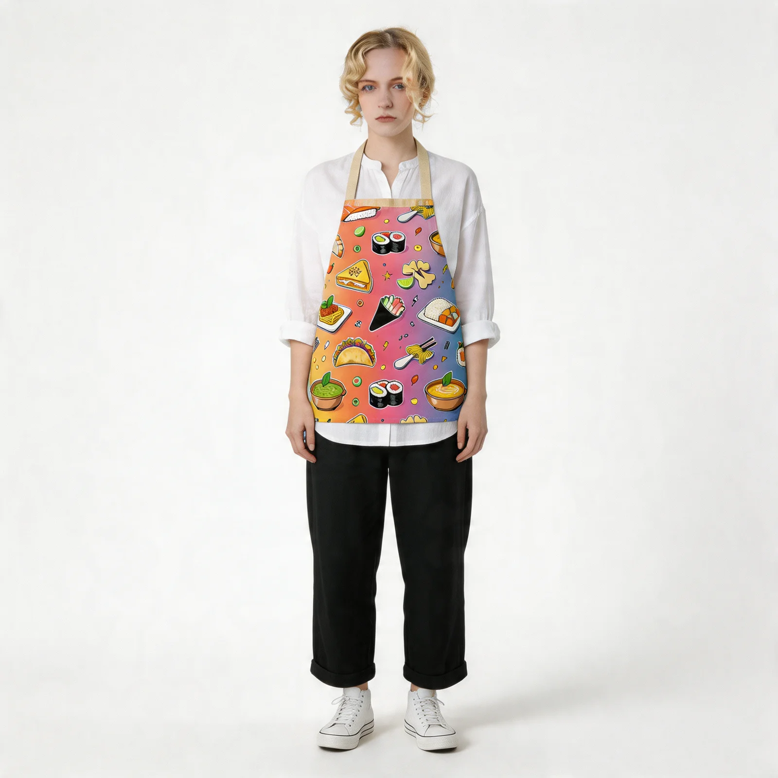 Global Cuisine Pop All-Over Print Apron — worn by model