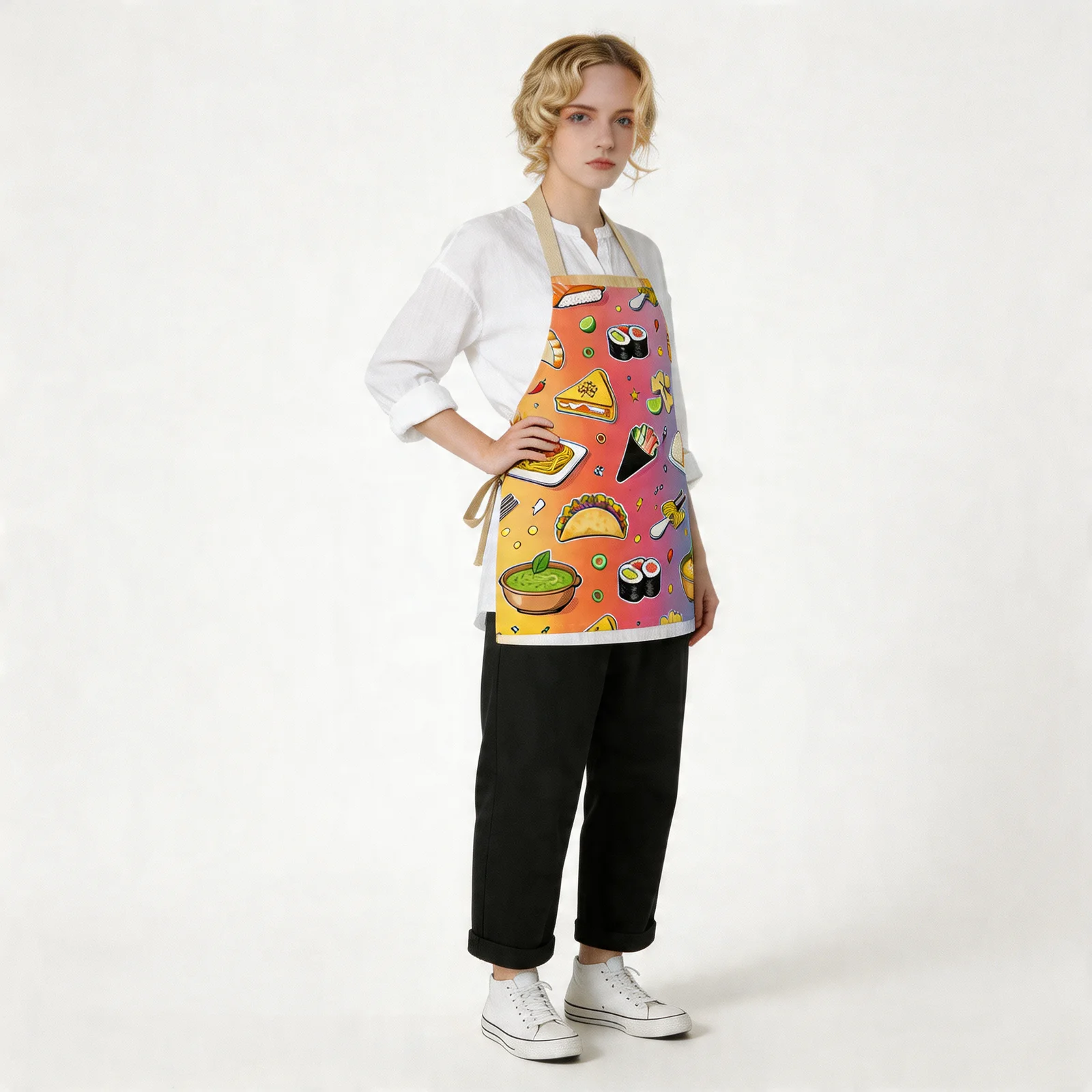 Global Cuisine Pop All-Over Print Apron — worn by model
