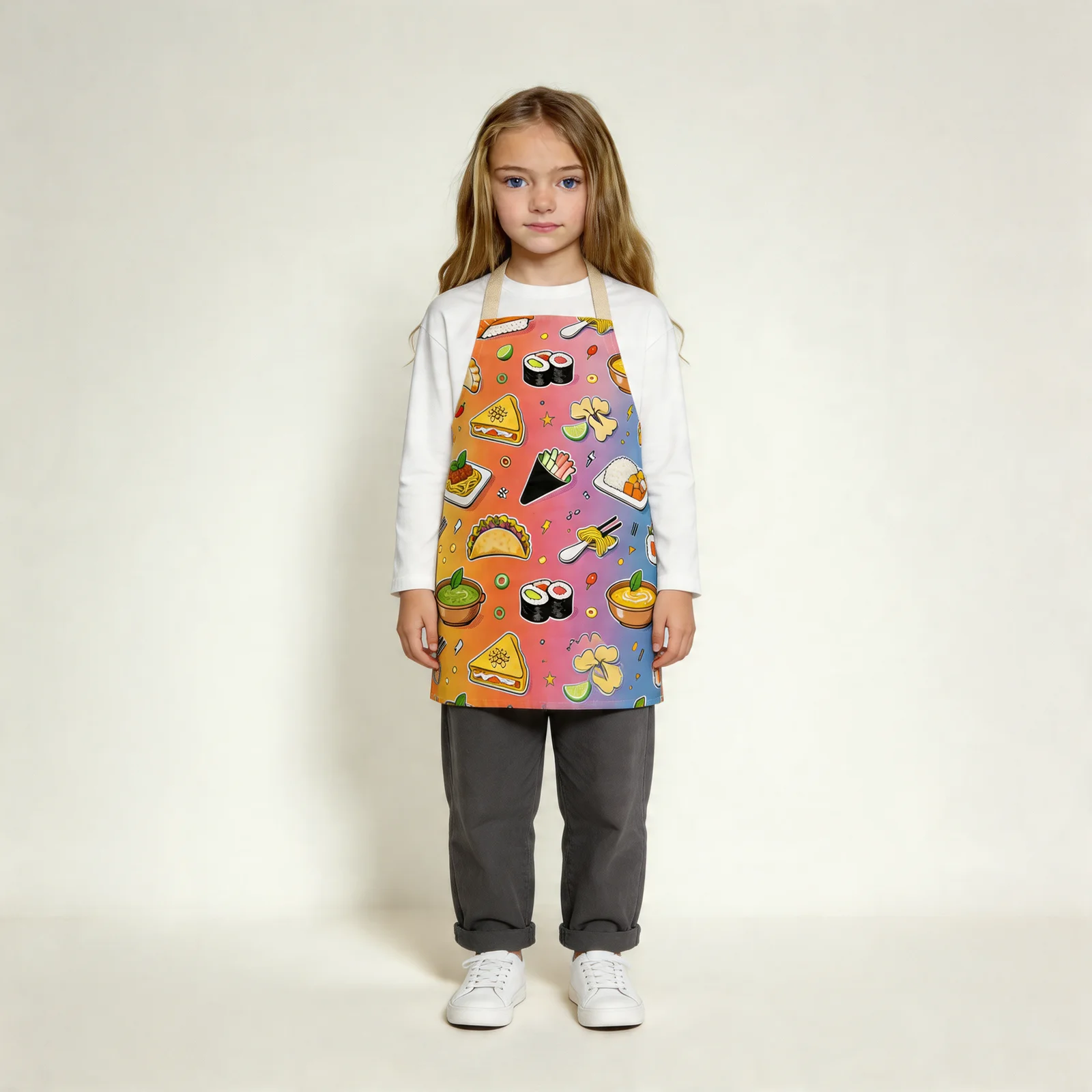 Global Cuisine Pop All-Over Print Apron — worn by young model