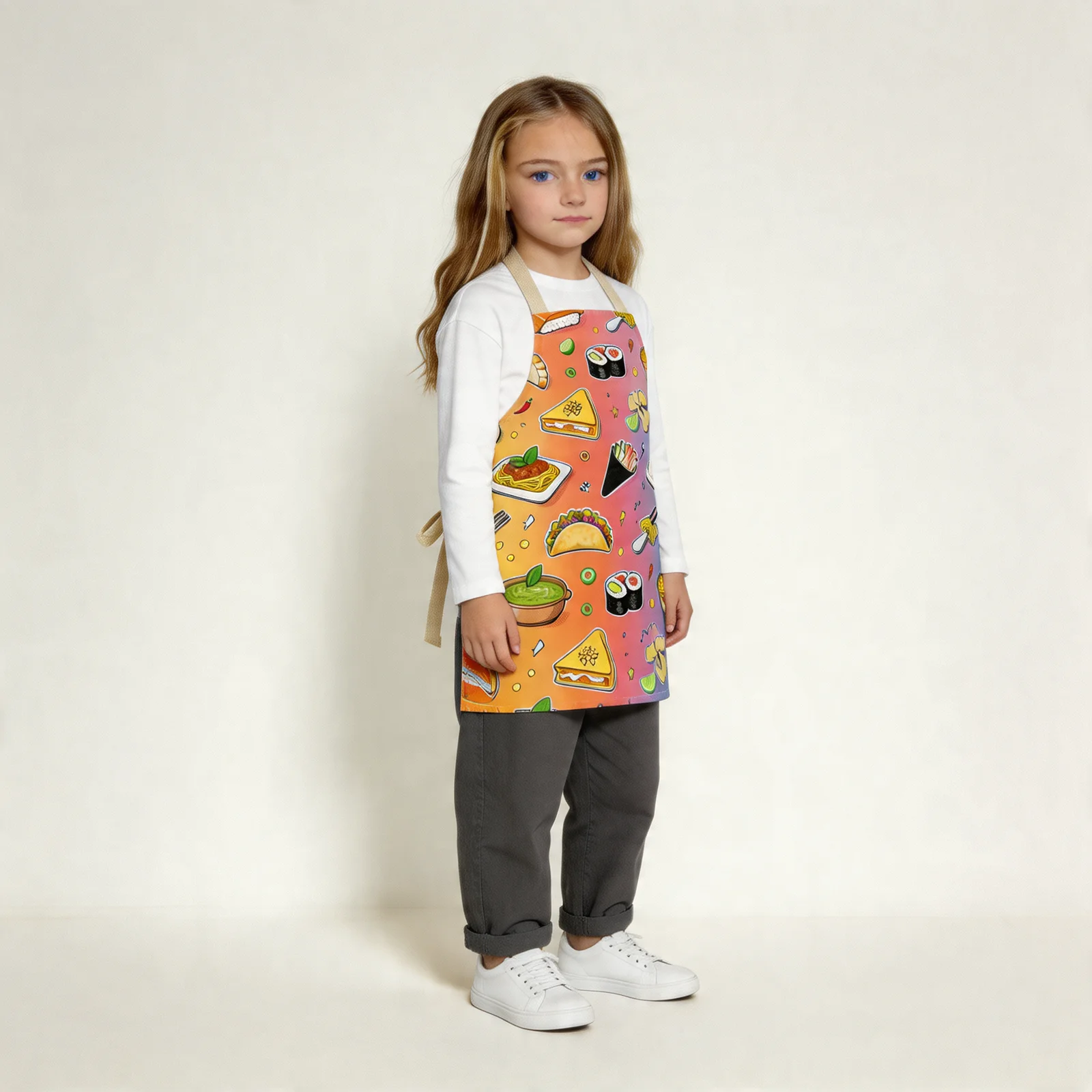 Global Cuisine Pop All-Over Print Apron — worn by young model