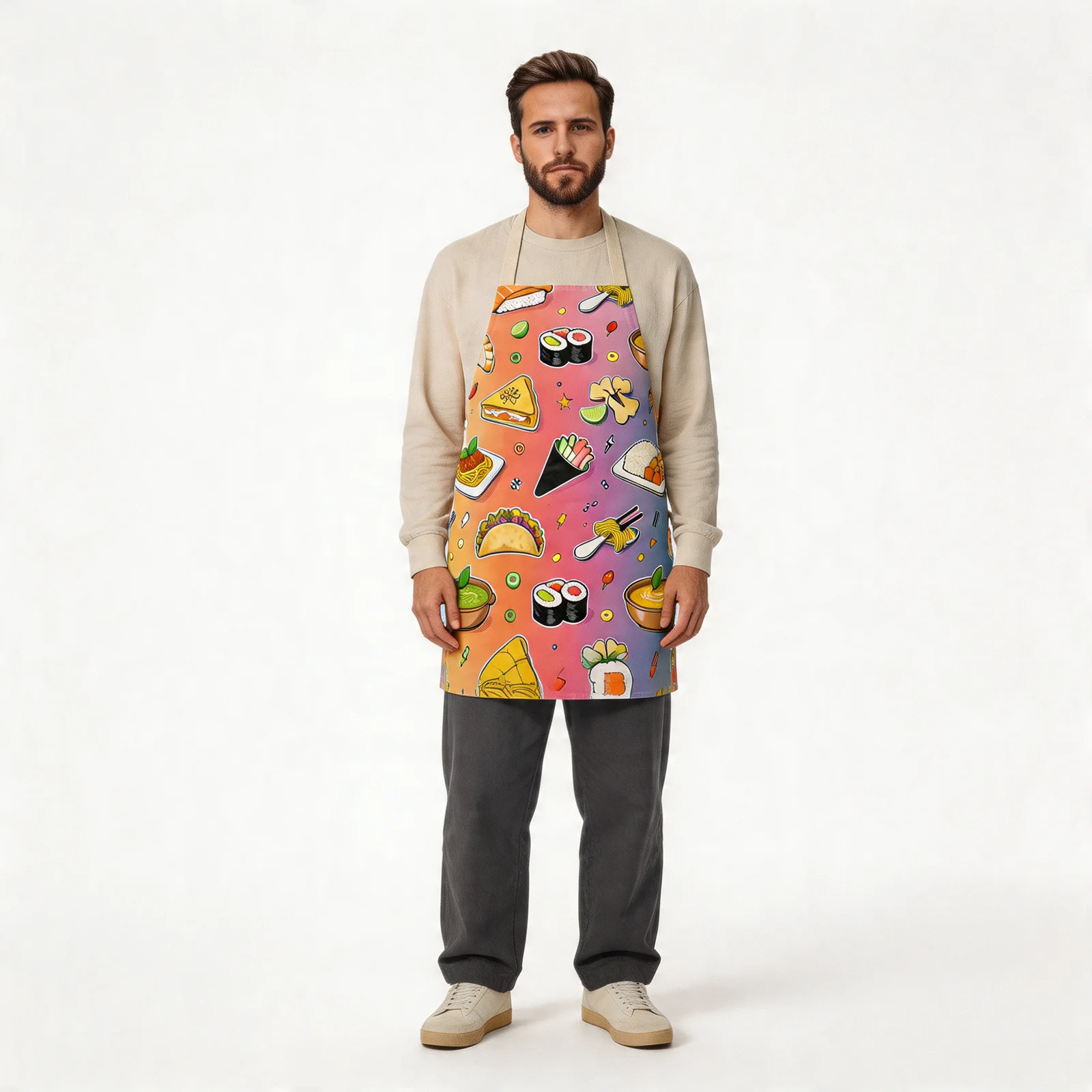 Global Cuisine Pop All-Over Print Apron — worn by model