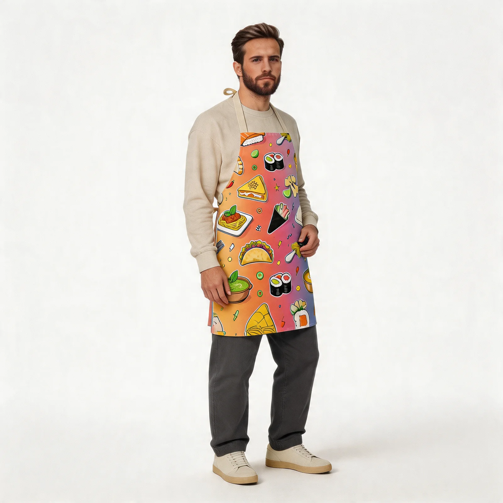 Global Cuisine Pop All-Over Print Apron — worn by model