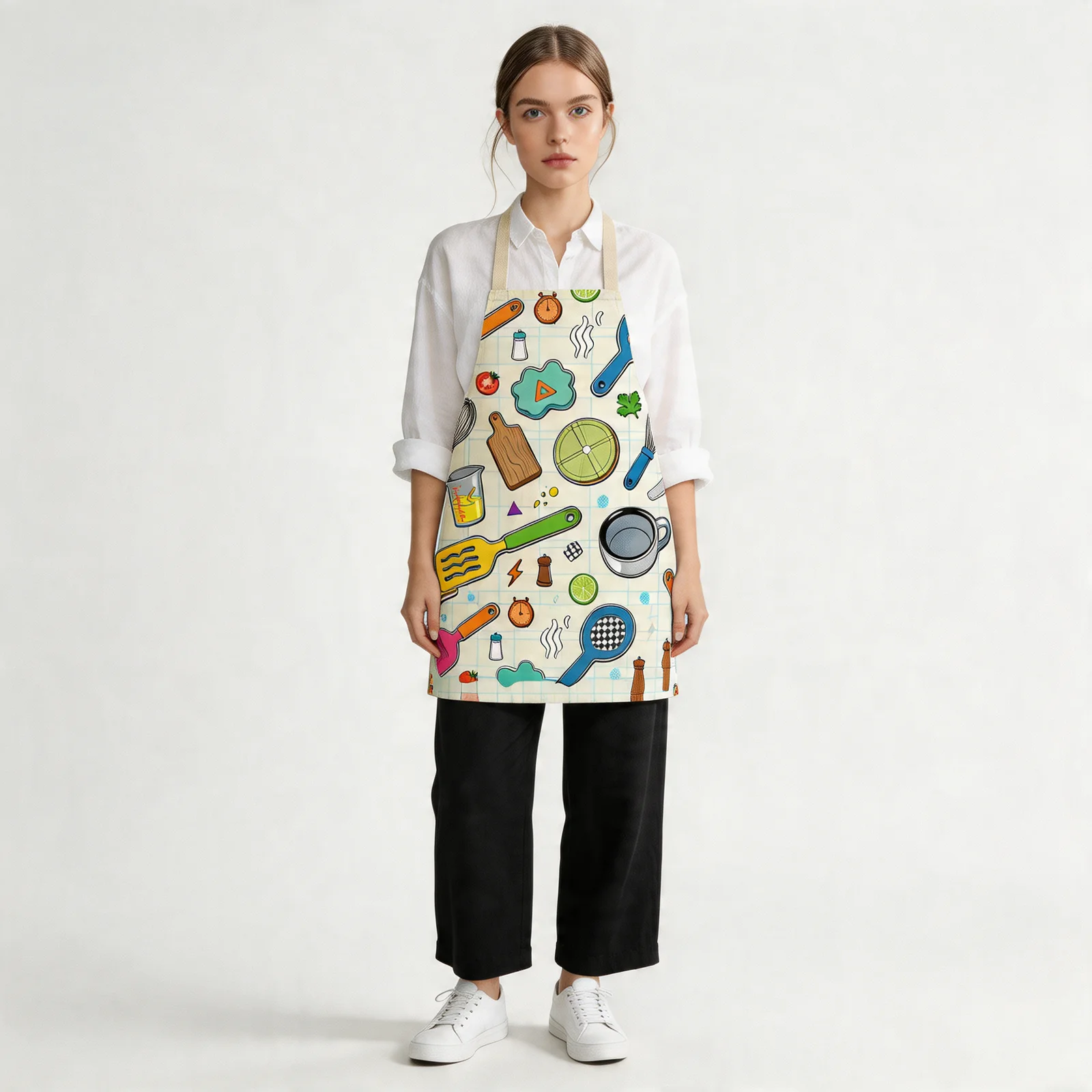 Pop Art Kitchen Tools All-Over Print Apron — worn by model
