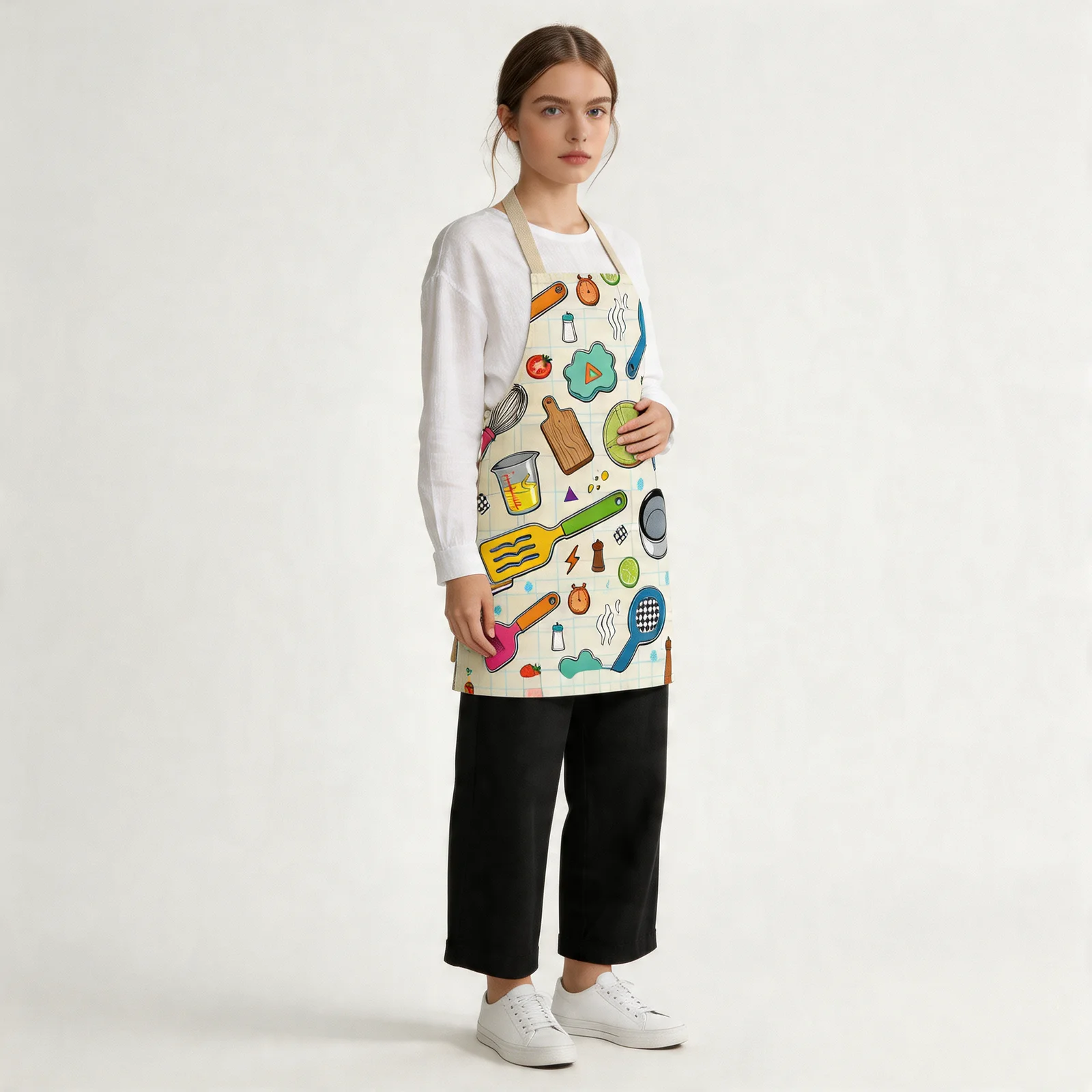 Pop Art Kitchen Tools All-Over Print Apron — worn by model