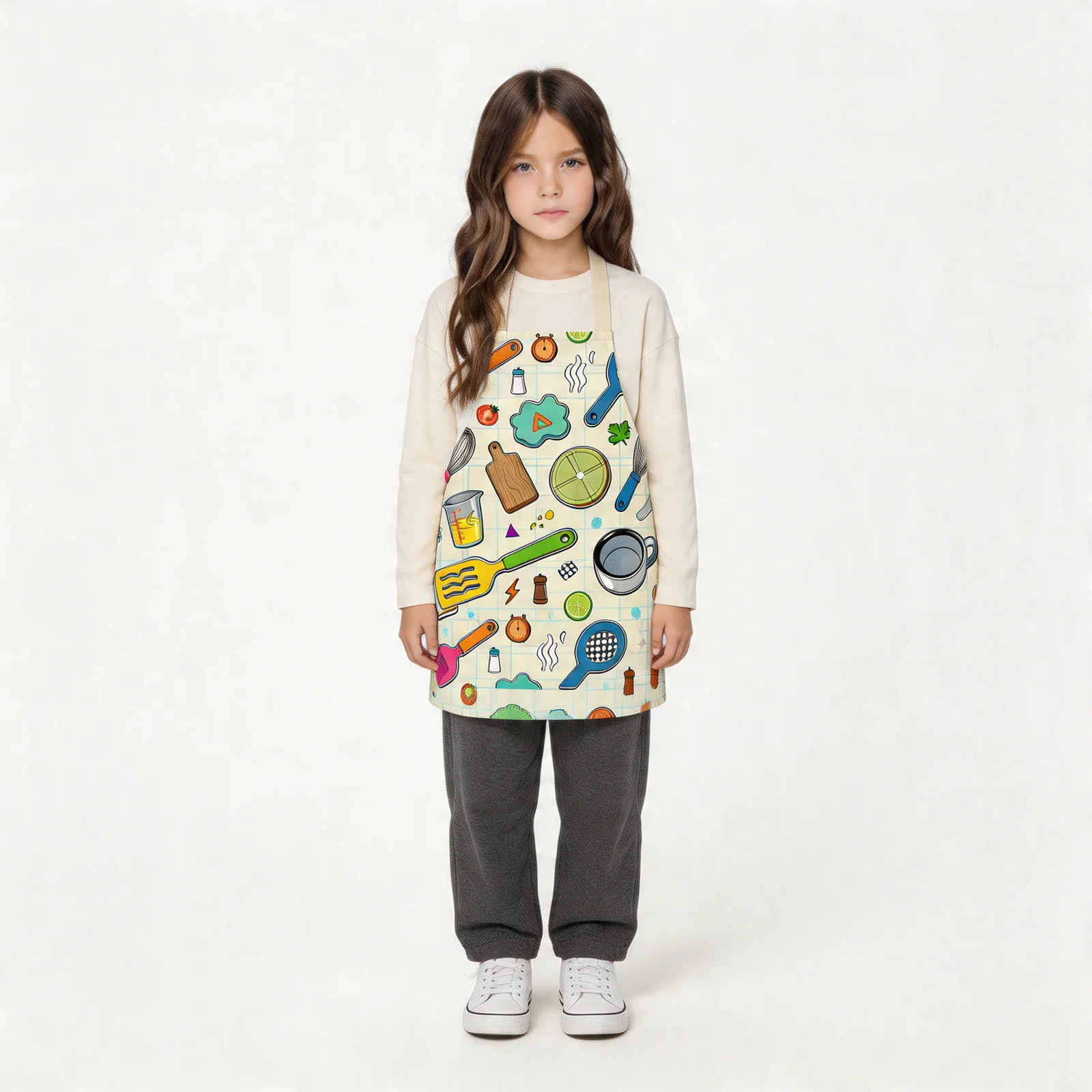 Pop Art Kitchen Tools All-Over Print Apron — worn by young model