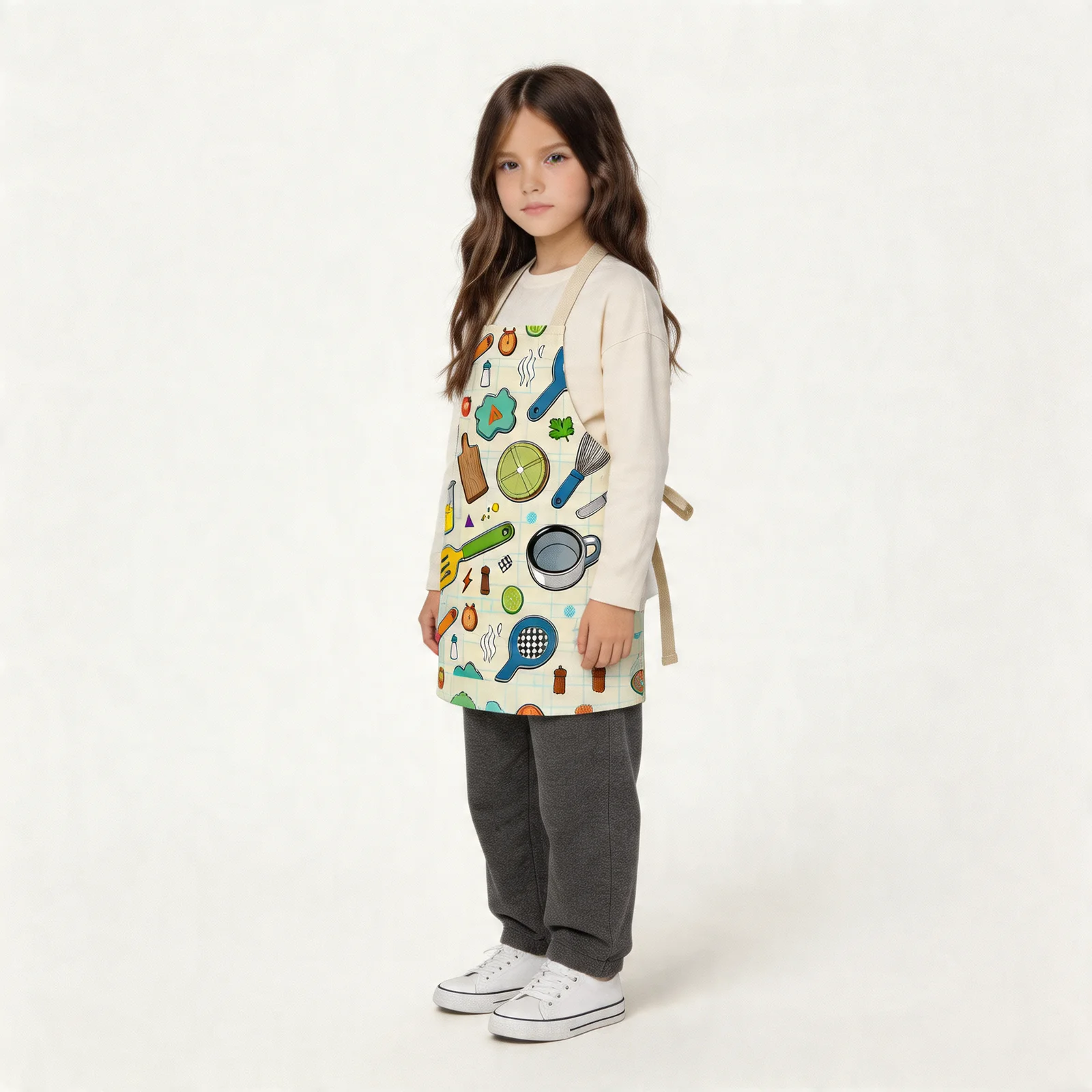 Pop Art Kitchen Tools All-Over Print Apron — worn by young model