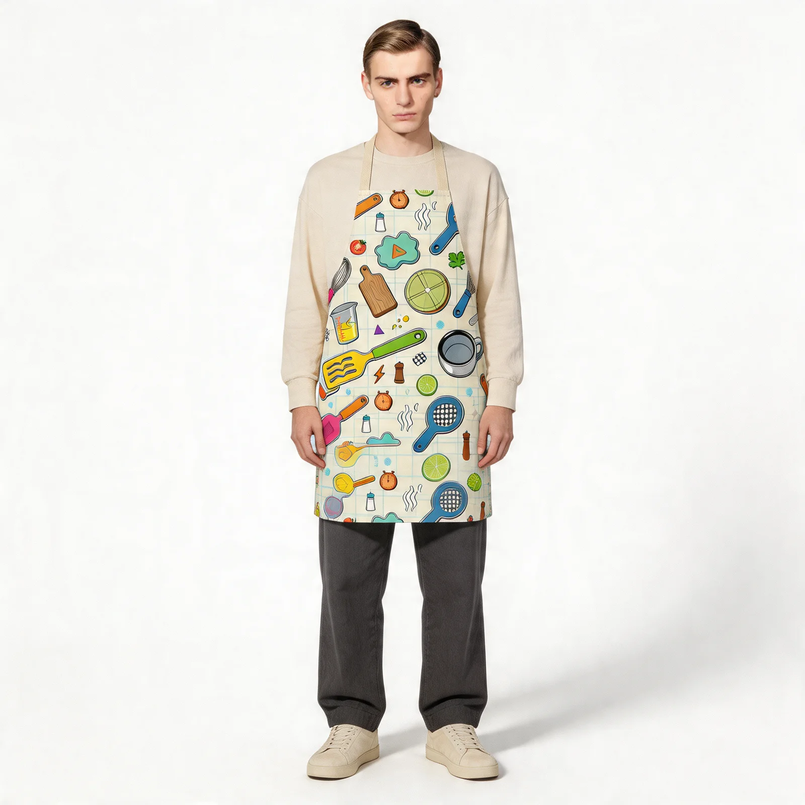 Pop Art Kitchen Tools All-Over Print Apron — worn by model