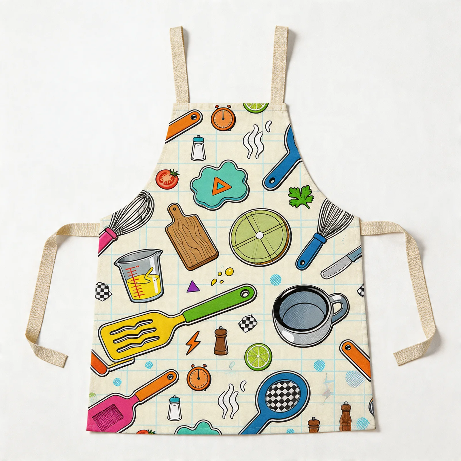 Pop Art Kitchen Tools All-Over Print Apron — flat lay
