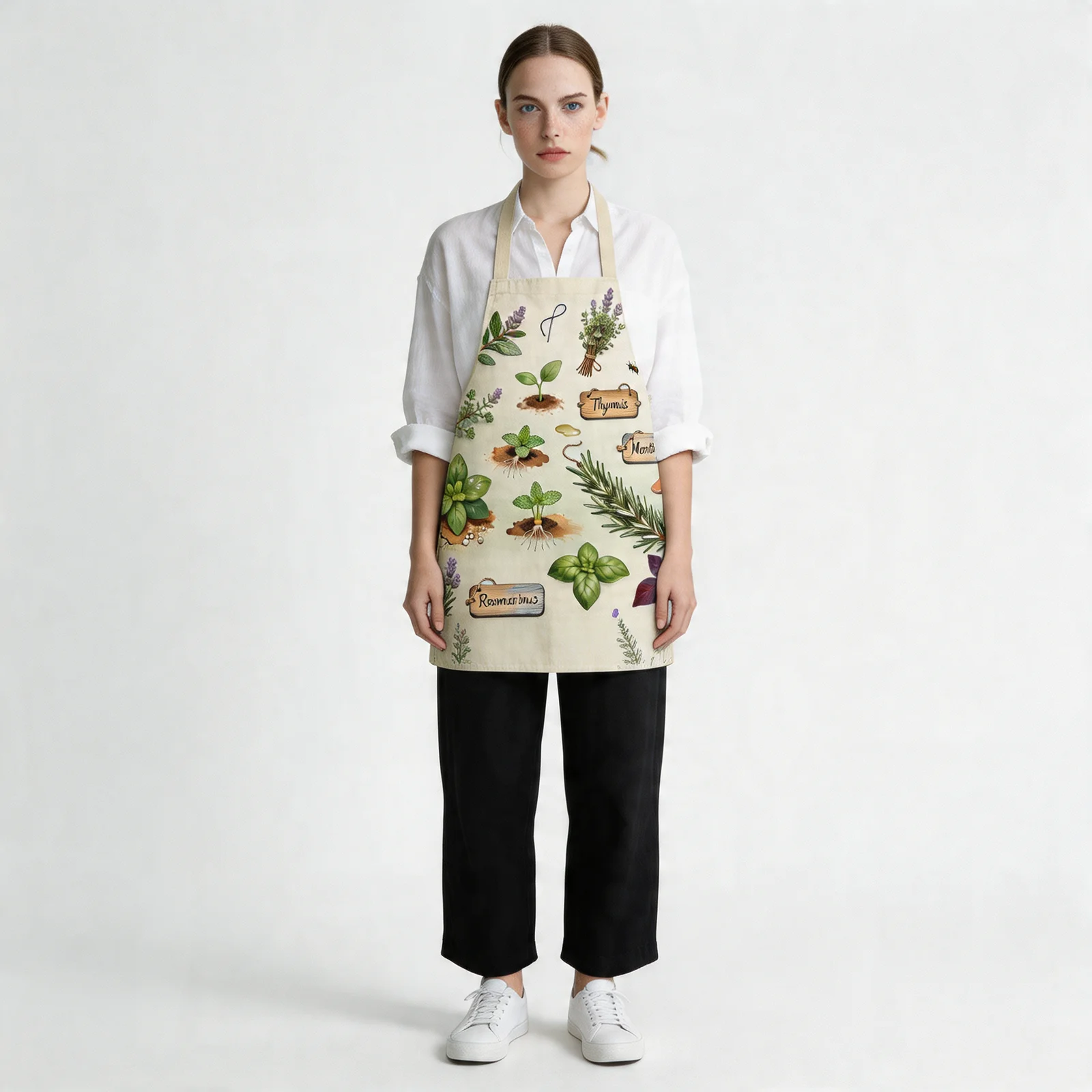 Vintage Herb Garden Botanical All-Over Print Apron — worn by model
