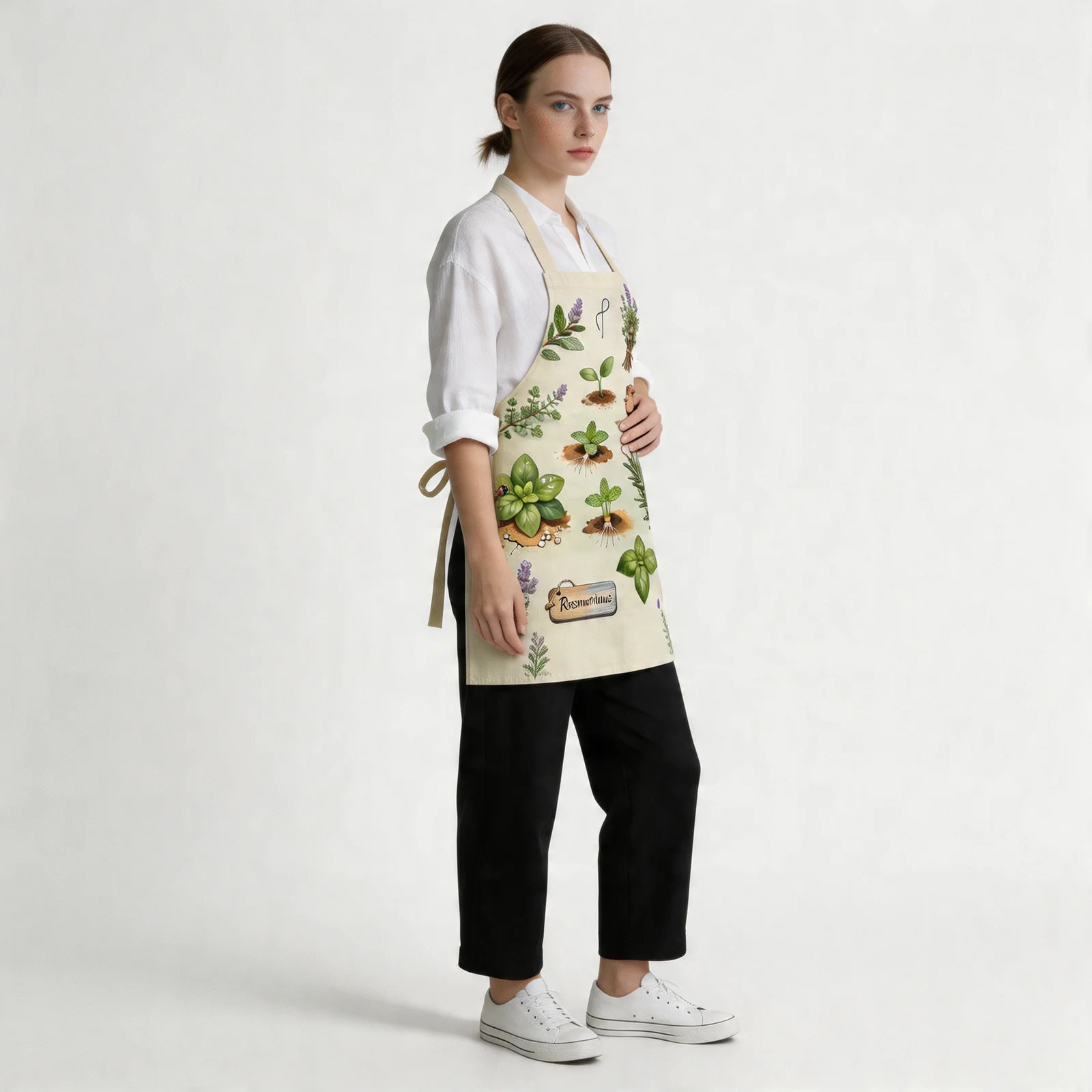 Vintage Herb Garden Botanical All-Over Print Apron — worn by model