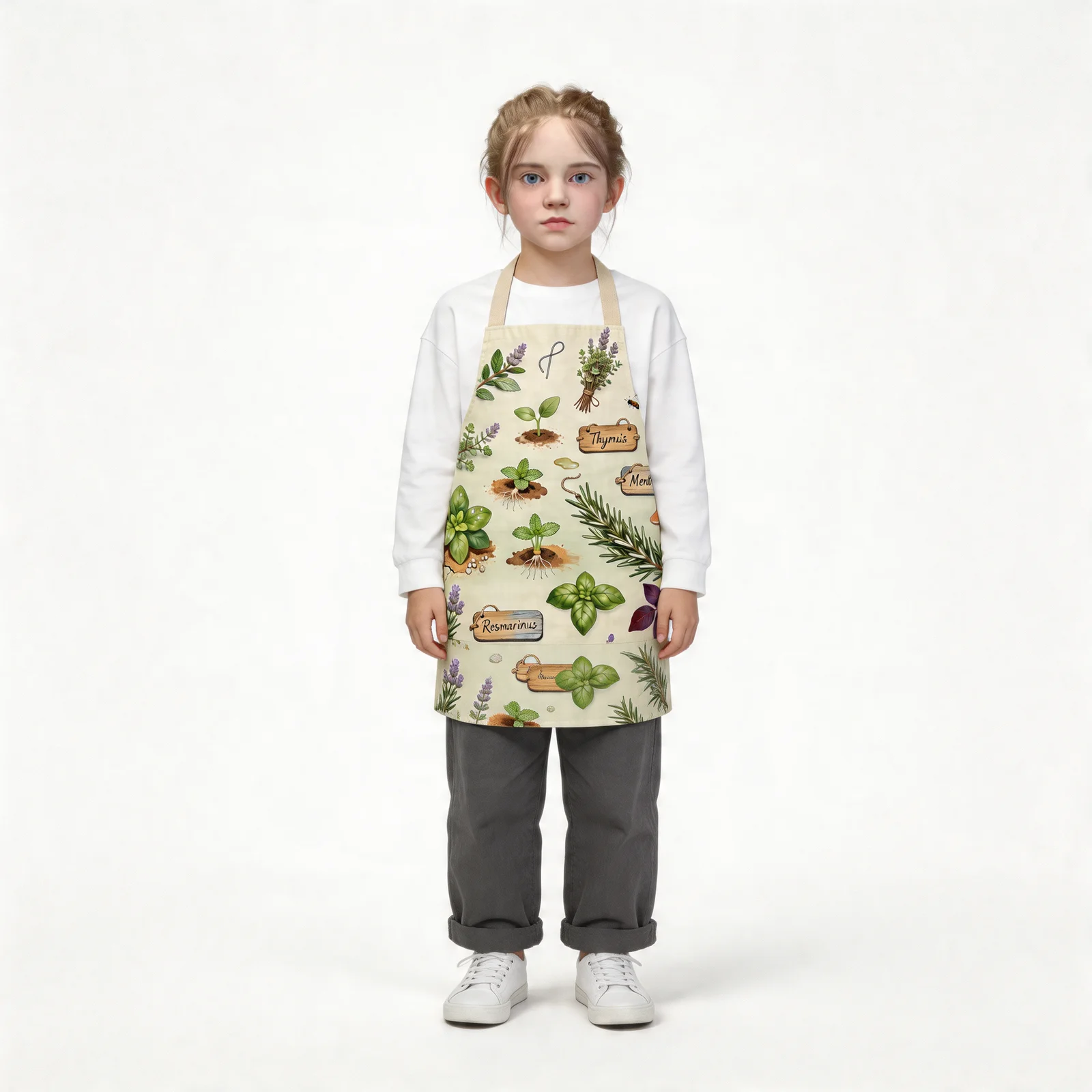 Vintage Herb Garden Botanical All-Over Print Apron — worn by young model