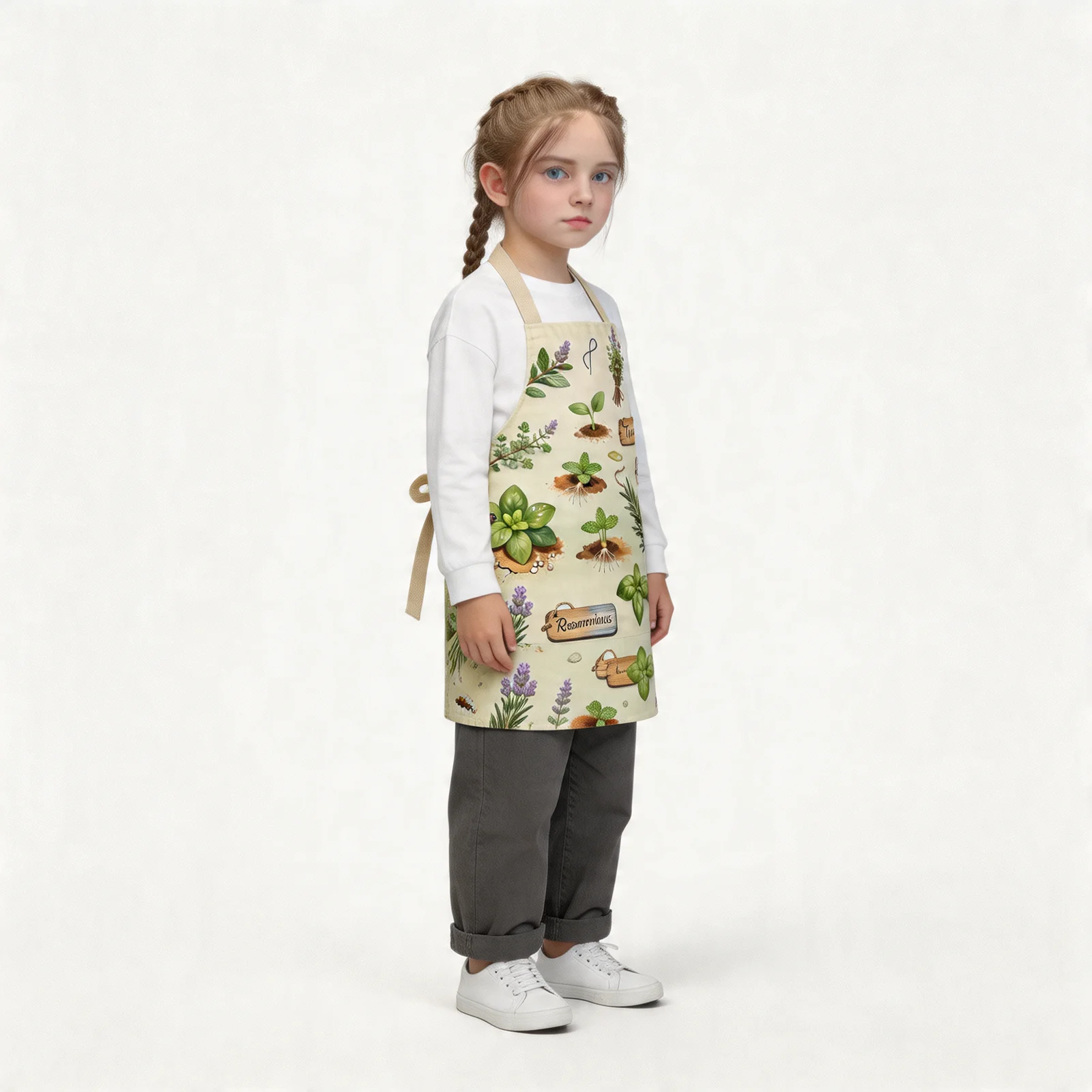 Vintage Herb Garden Botanical All-Over Print Apron — worn by young model