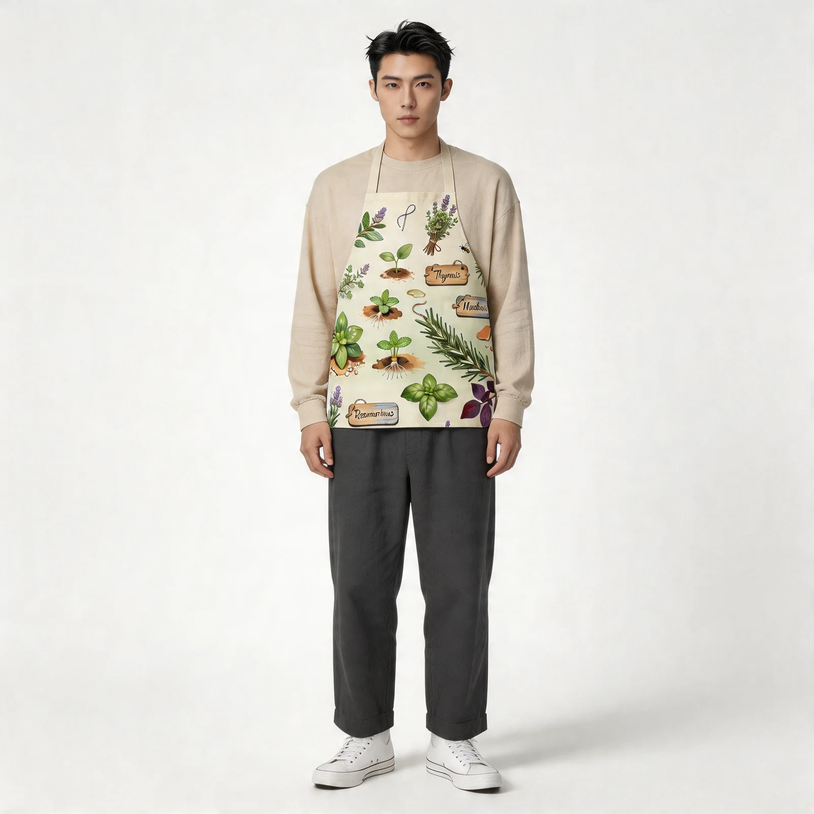 Vintage Herb Garden Botanical All-Over Print Apron — worn by model