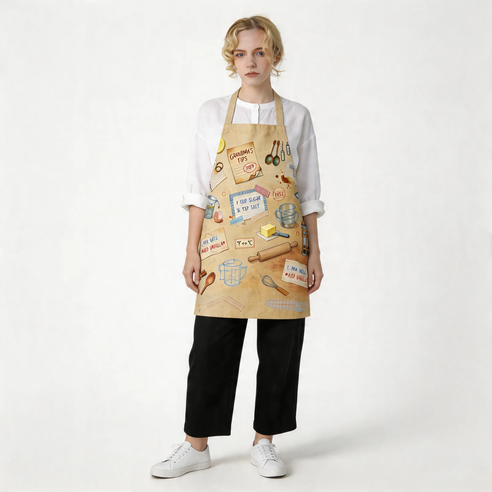 Vintage Recipe Archive All-Over Print Apron — worn by model