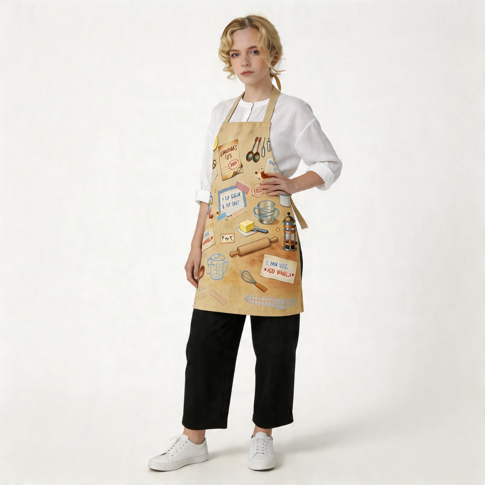 Vintage Recipe Archive All-Over Print Apron — worn by model