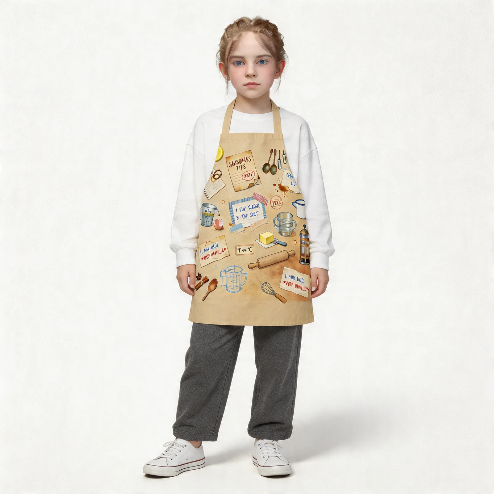 Vintage Recipe Archive All-Over Print Apron — worn by young model