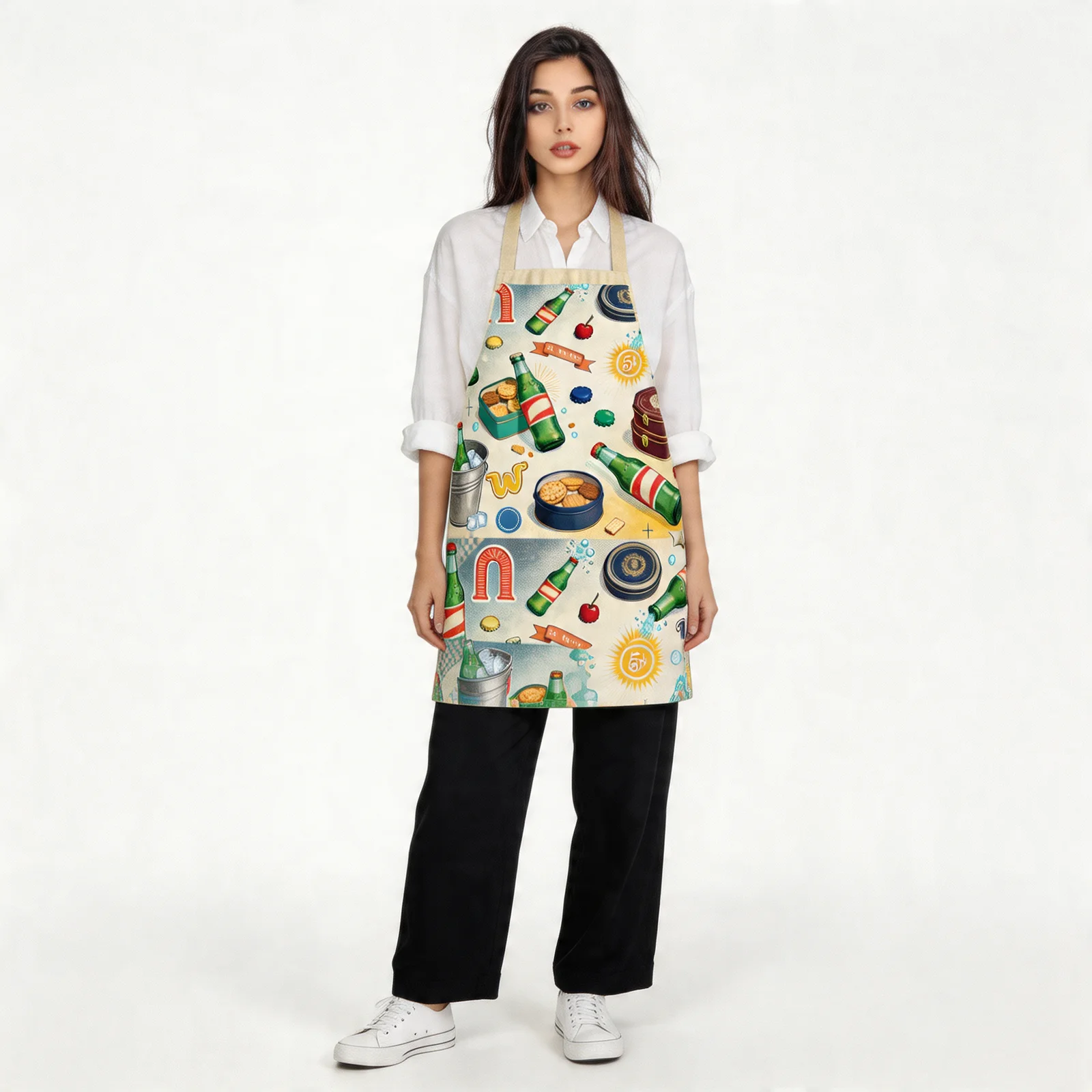 Vintage Soda & Cookie Tin Collage All-Over Print Apron — worn by model