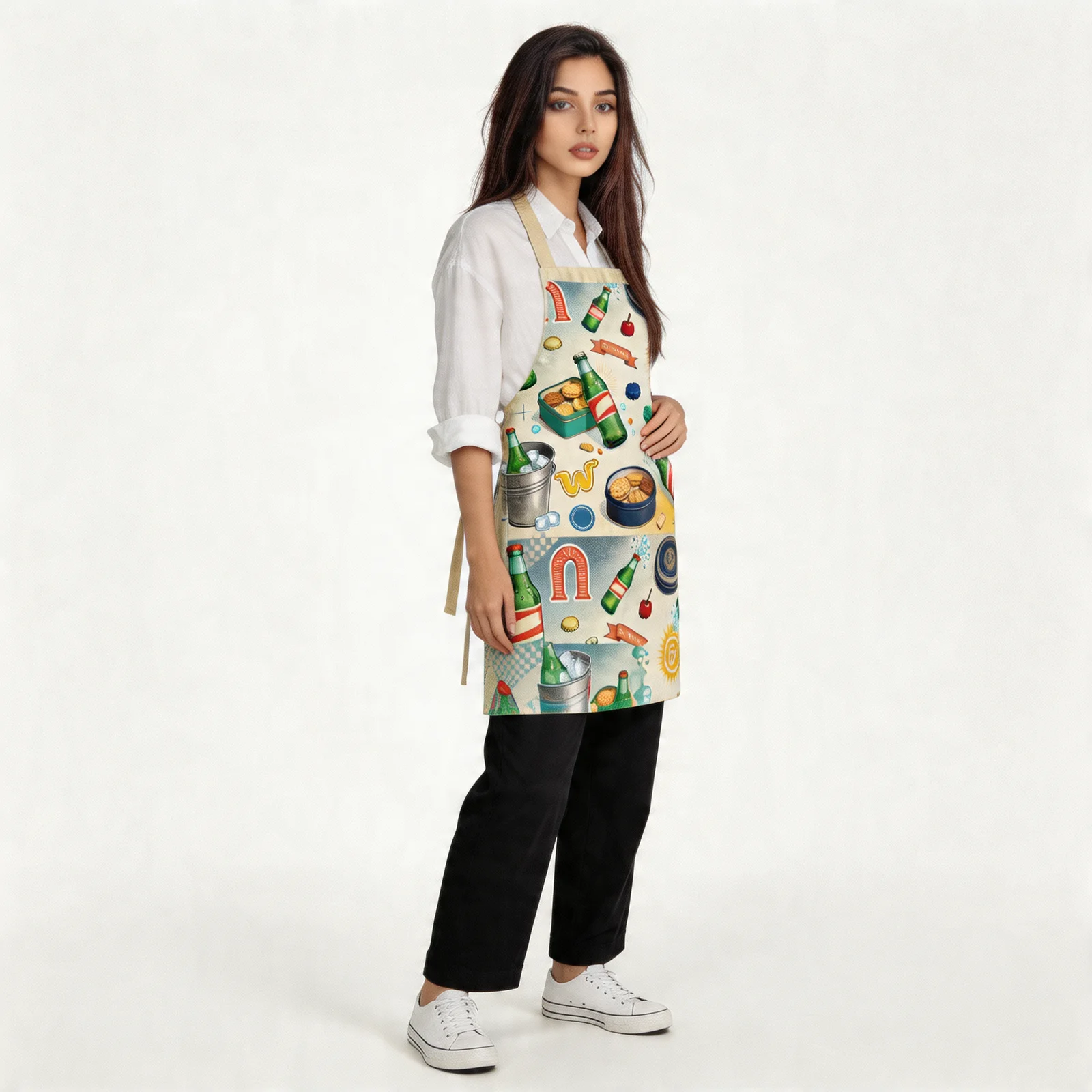 Vintage Soda & Cookie Tin Collage All-Over Print Apron — worn by model