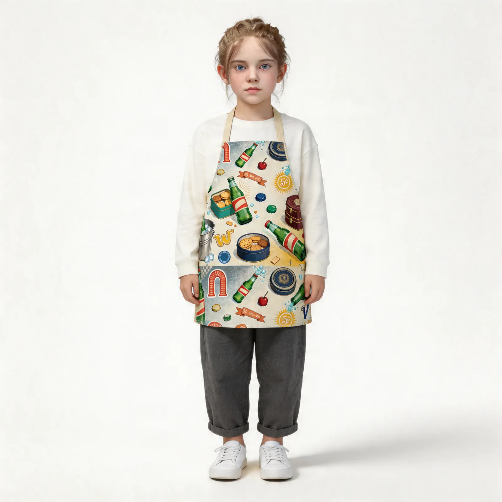 Vintage Soda & Cookie Tin Collage All-Over Print Apron — worn by young model