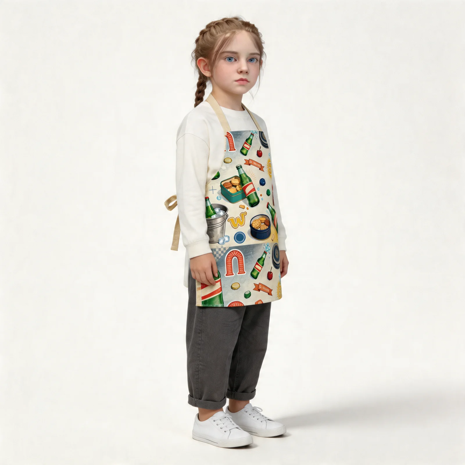 Vintage Soda & Cookie Tin Collage All-Over Print Apron — worn by young model