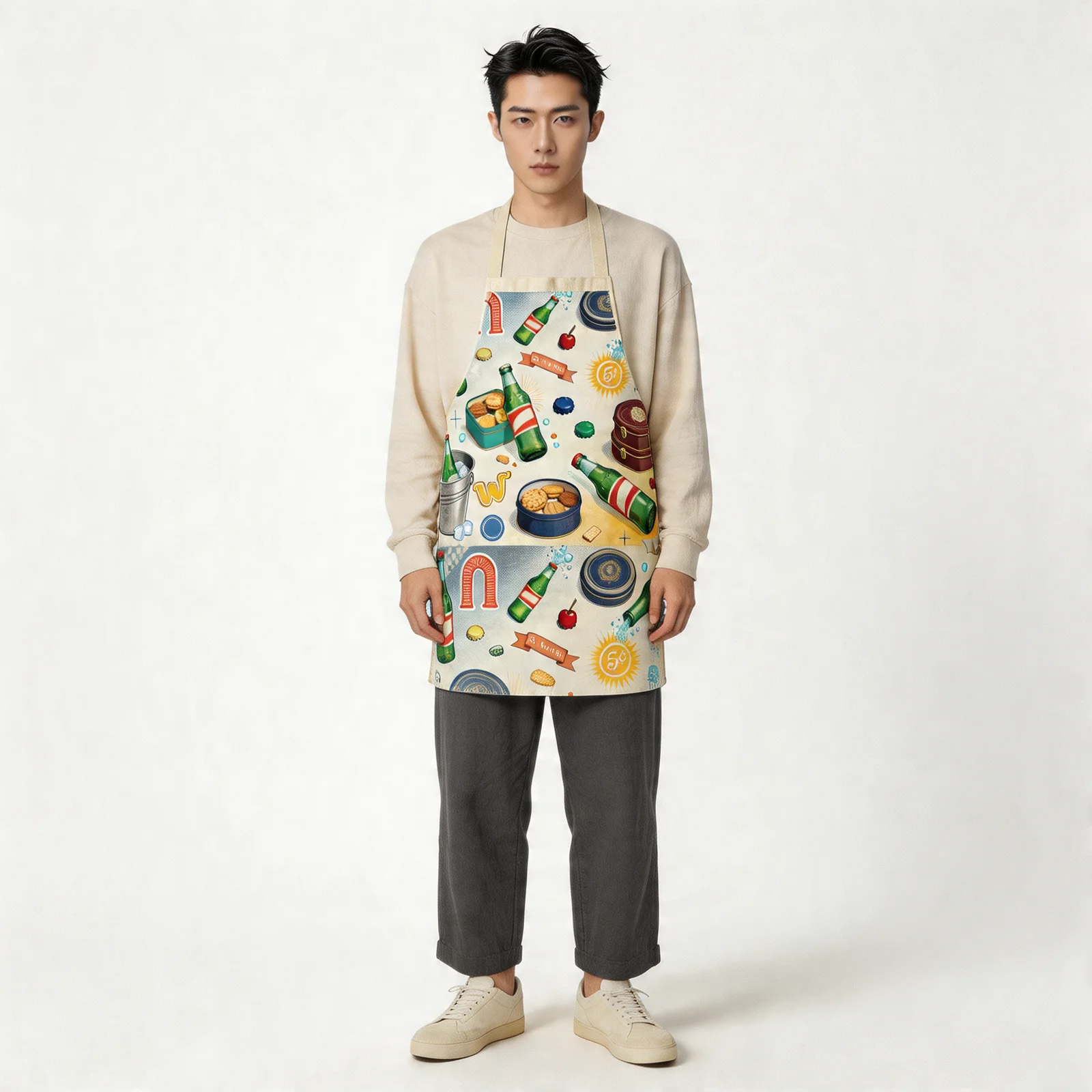 Vintage Soda & Cookie Tin Collage All-Over Print Apron — worn by model