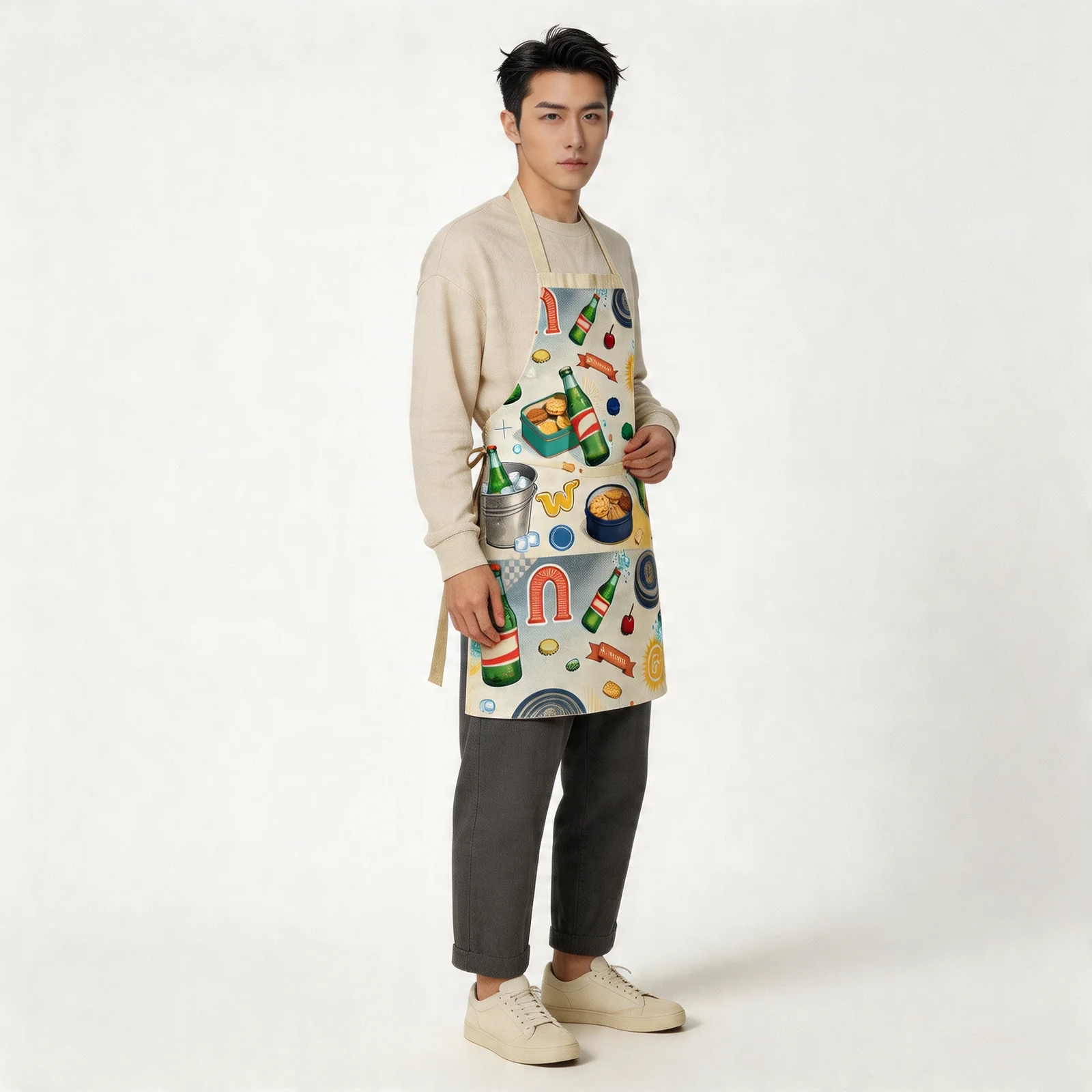 Vintage Soda & Cookie Tin Collage All-Over Print Apron — worn by model